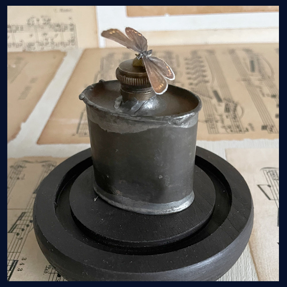 SOLD Enigma Variations Collection: Tiny Vintage Oil Can with a Vintage Butterfly in a Glass Display Dome