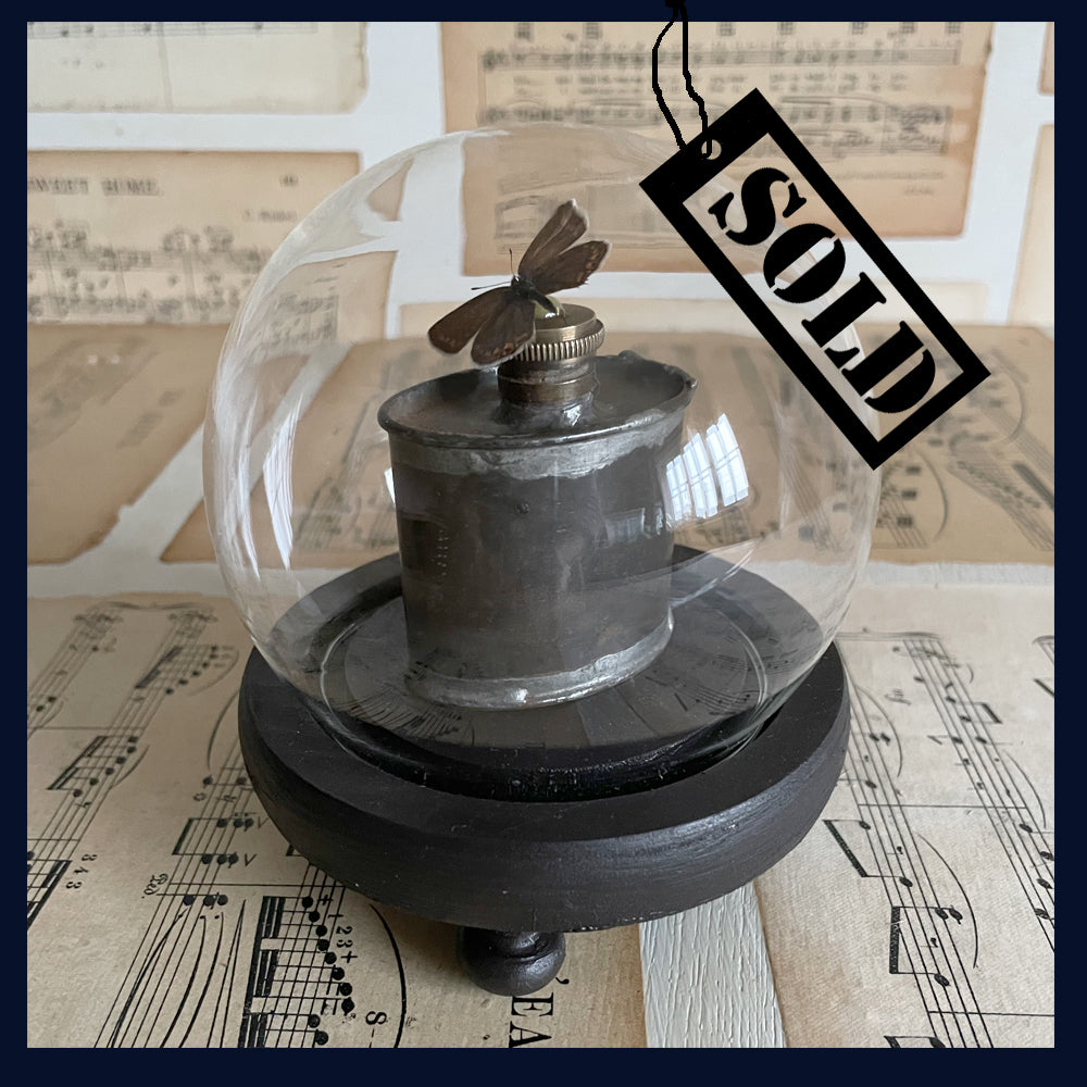 SOLD Enigma Variations Collection: Tiny Vintage Oil Can with a Vintage Butterfly in a Glass Display Dome