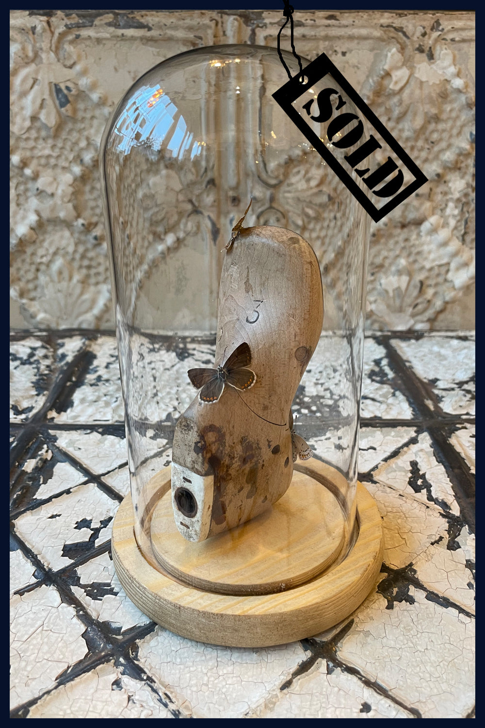 SOLD - Enigma Variations Collection: Tiny Vintage Wooden Shoe Last with 3 Butterflies under a Glass Display Dome