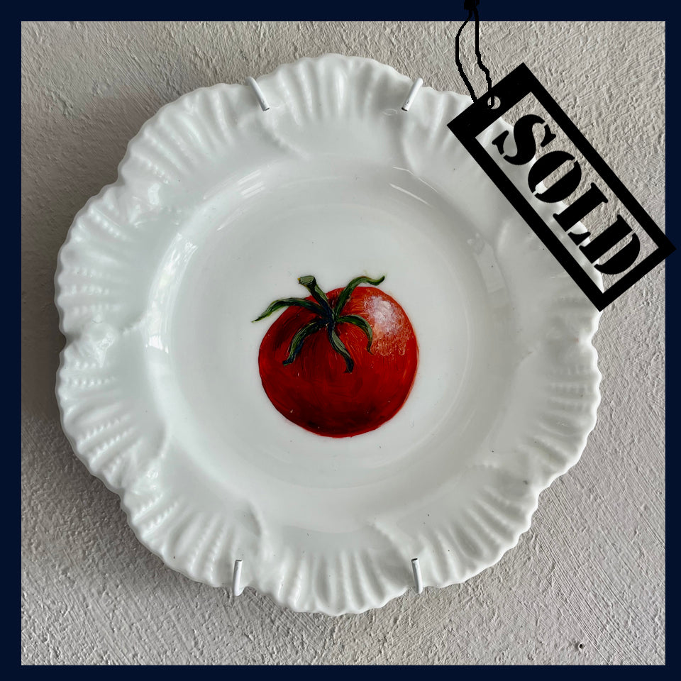 SOLD - Plated: original fine art oil painting on a 1920s Coalport tea plate - tomato