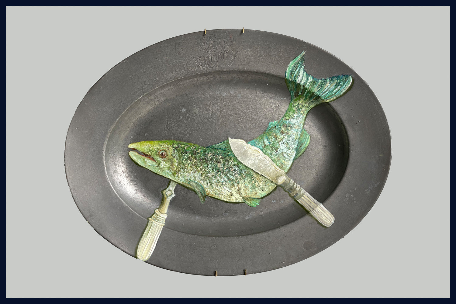 Plated: original fine art oil painting on an antique pewter platter - trout with antique fork & knife