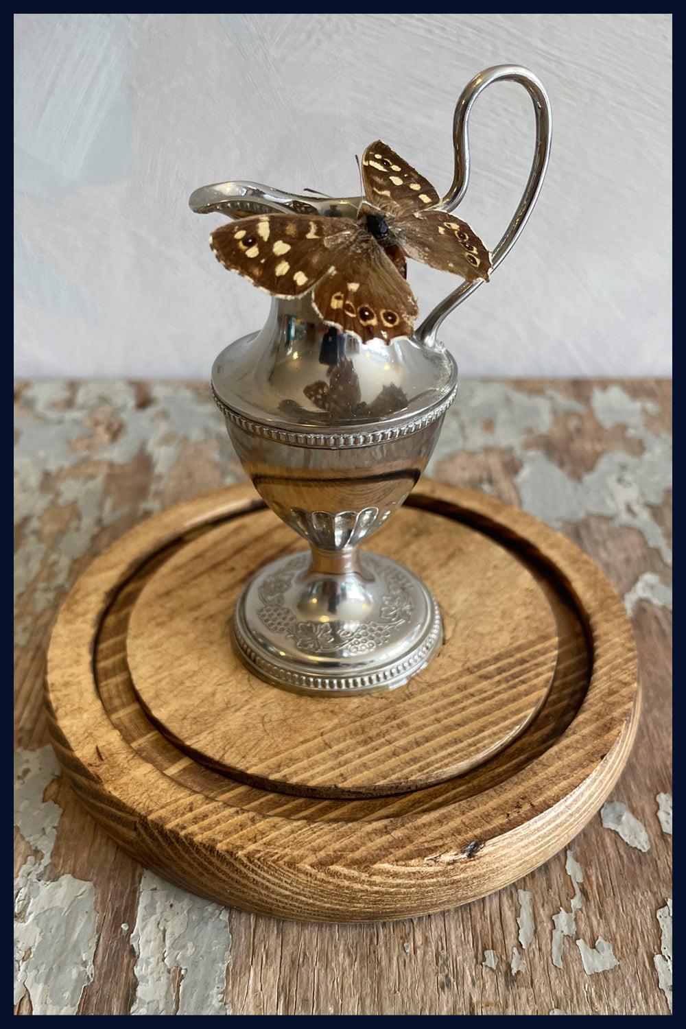 SOLD - Enigma Variations Collection: Miniature Vintage Silver-Plated Urn with a Vintage Butterfly under a Glass Display Dome