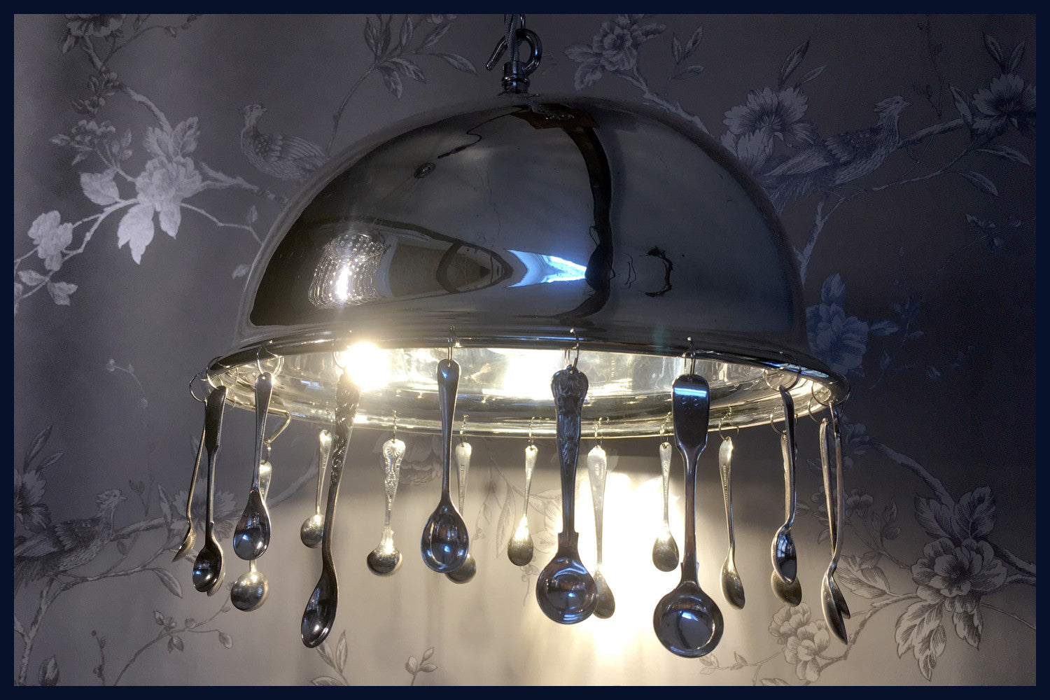 Antique Silver-Plated Food Dome/Cloche Chandelier with Antique Salt & Mustard Spoons - Grace (92)