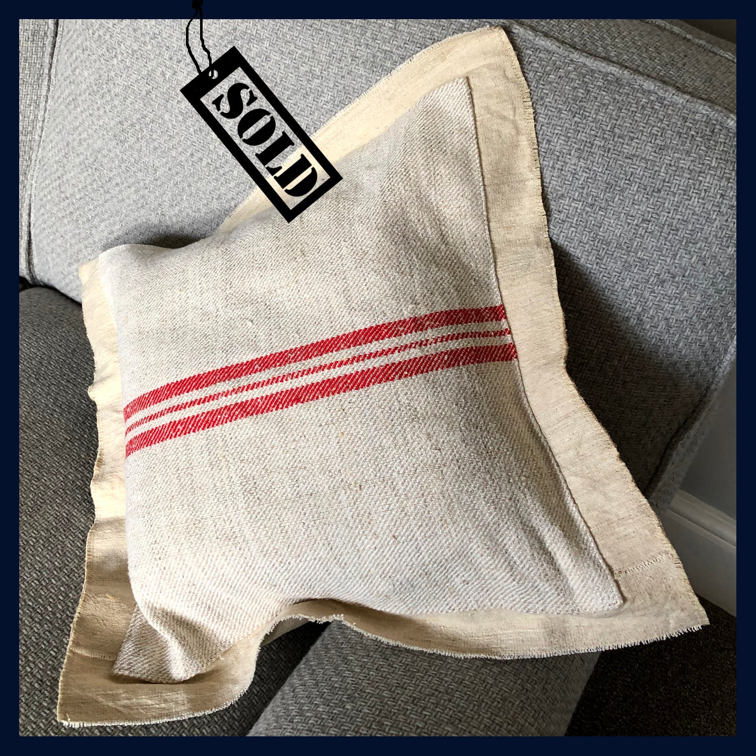 Raw Luxe Collection: Antique Hungarian Grain Sack & Homespun Linen Cushion 16"/41cm (1)