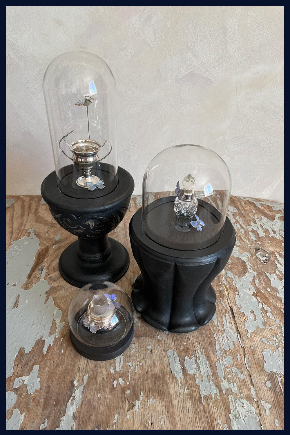 Enigma Variations Collection: Antique Silver-Plated on Copper Candlestick with 2 Vintage Blue Butterflies