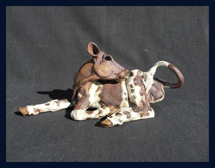Ayrshire Calf: Stoneware Sculpture by Elaine Peto