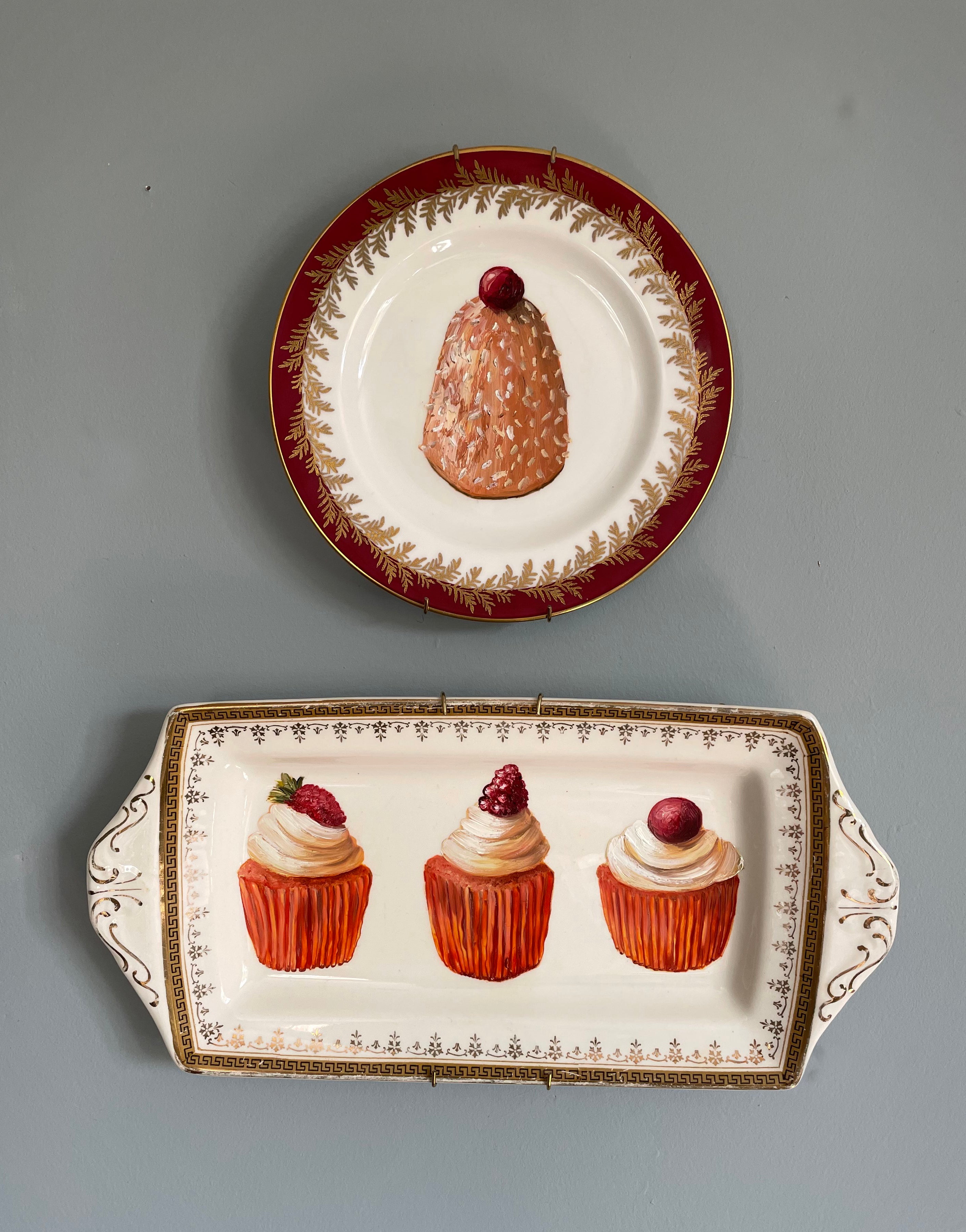 Three Fruit & Cream Cup Cakes Original Oil Painting On Vintage Alfred Meakin Ltd China Sandwich Platter