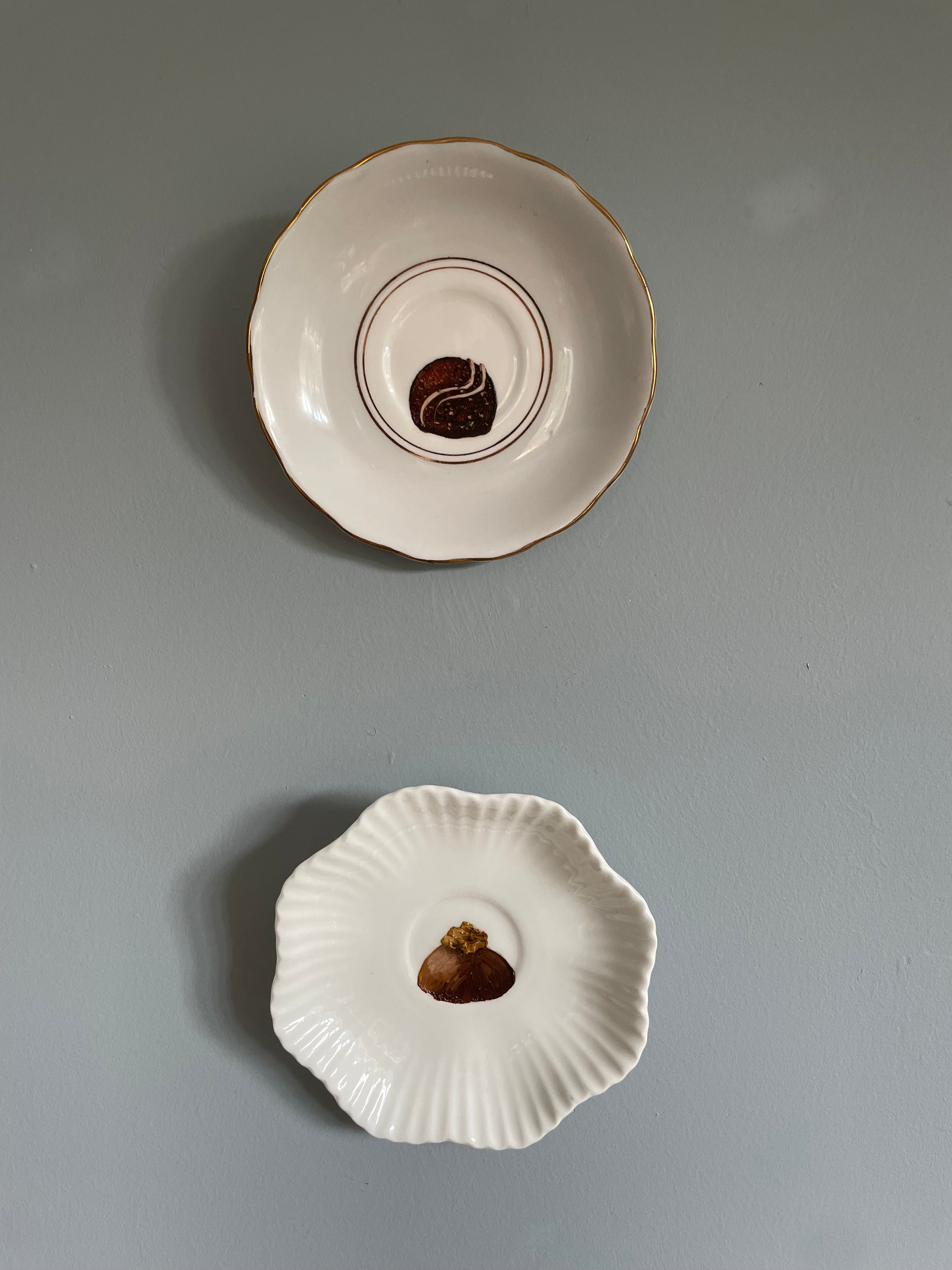 Walnut Praline Chocolate Original Oil Painting On Antique Saucer