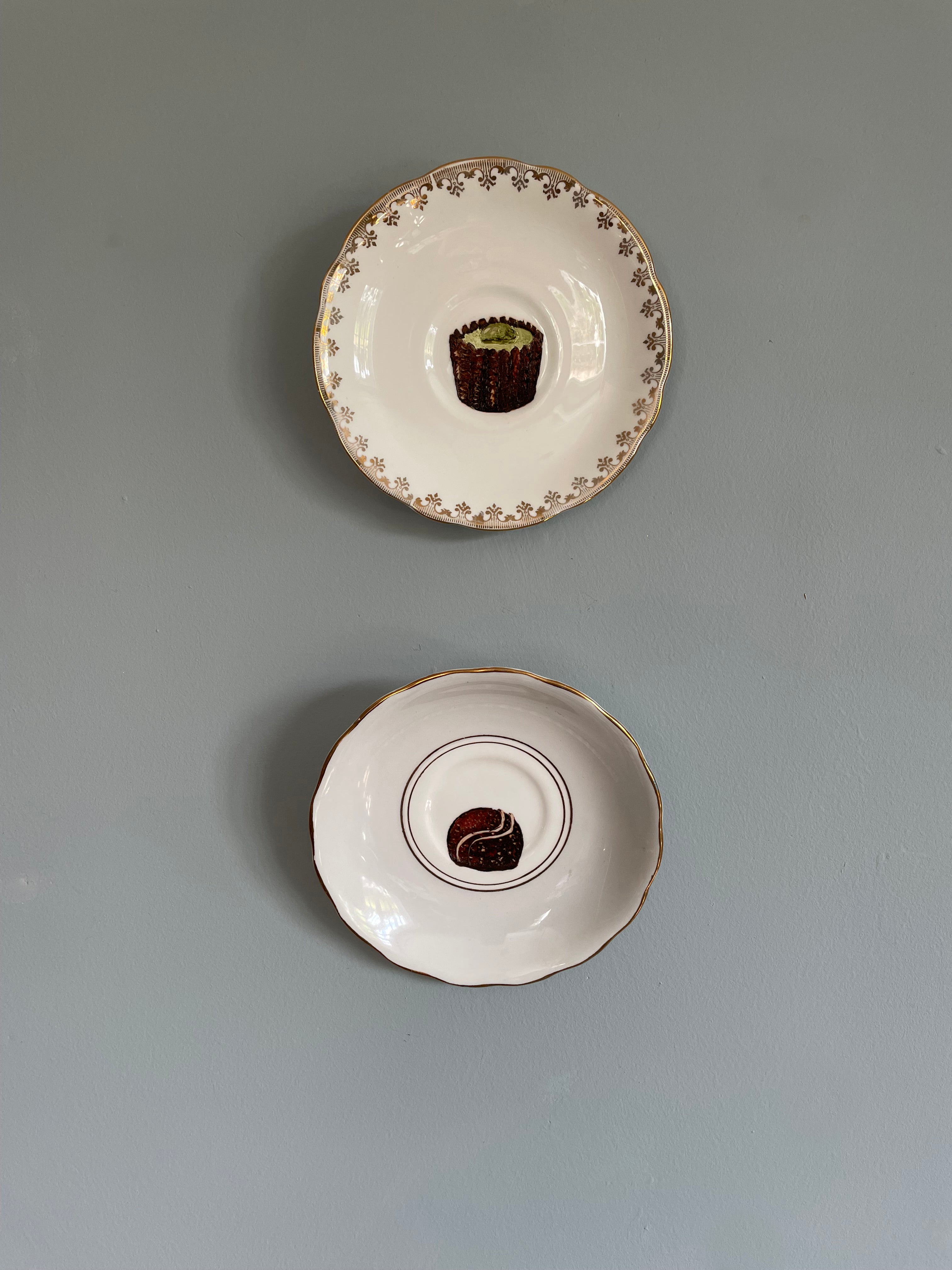Pistachio Chocolate Original Oil Painting On Vintage Saucer