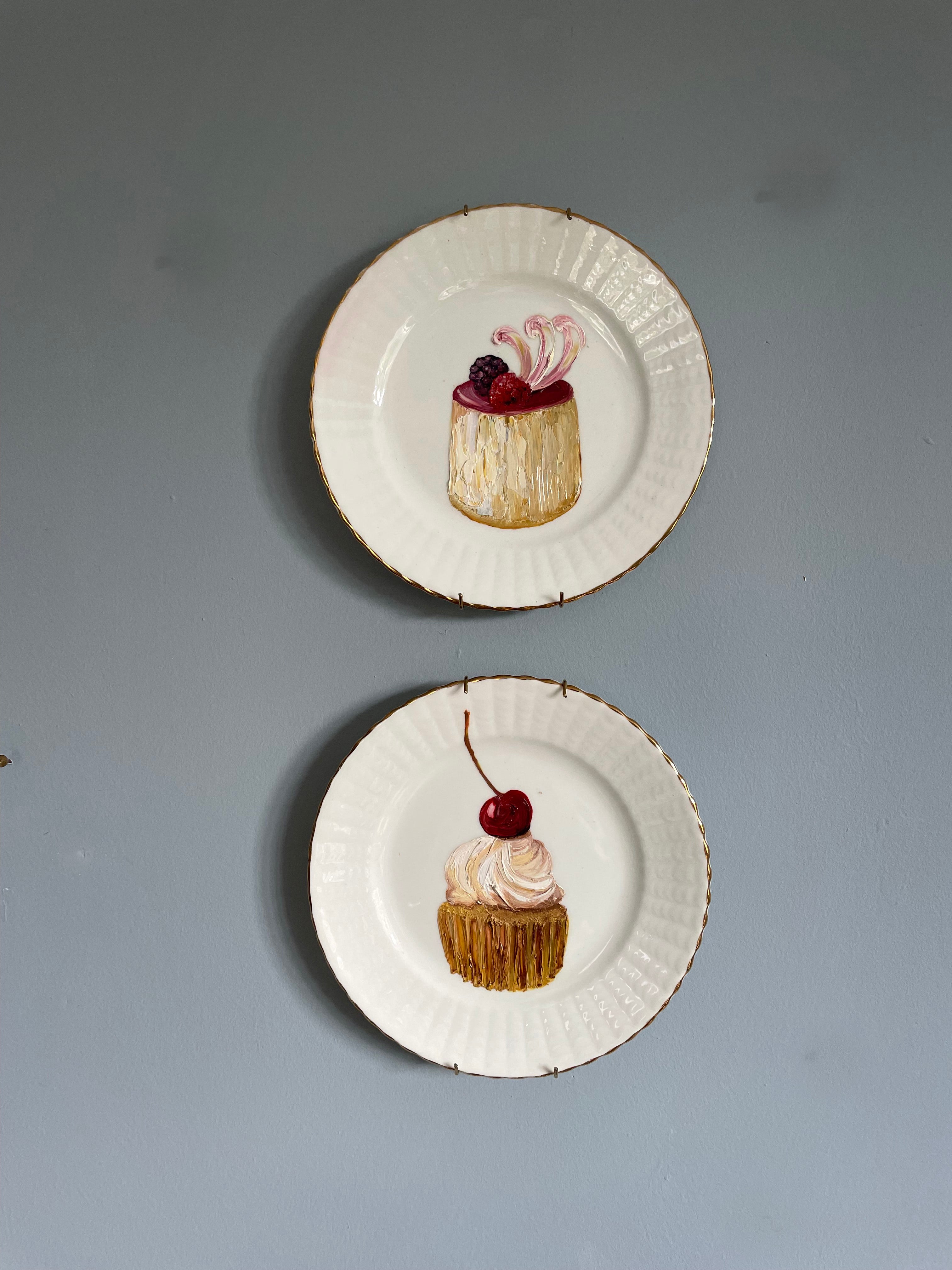 Cherry Cream Cup Cake Original Oil Painting On Vintage Radfords Crown China Tea Plate
