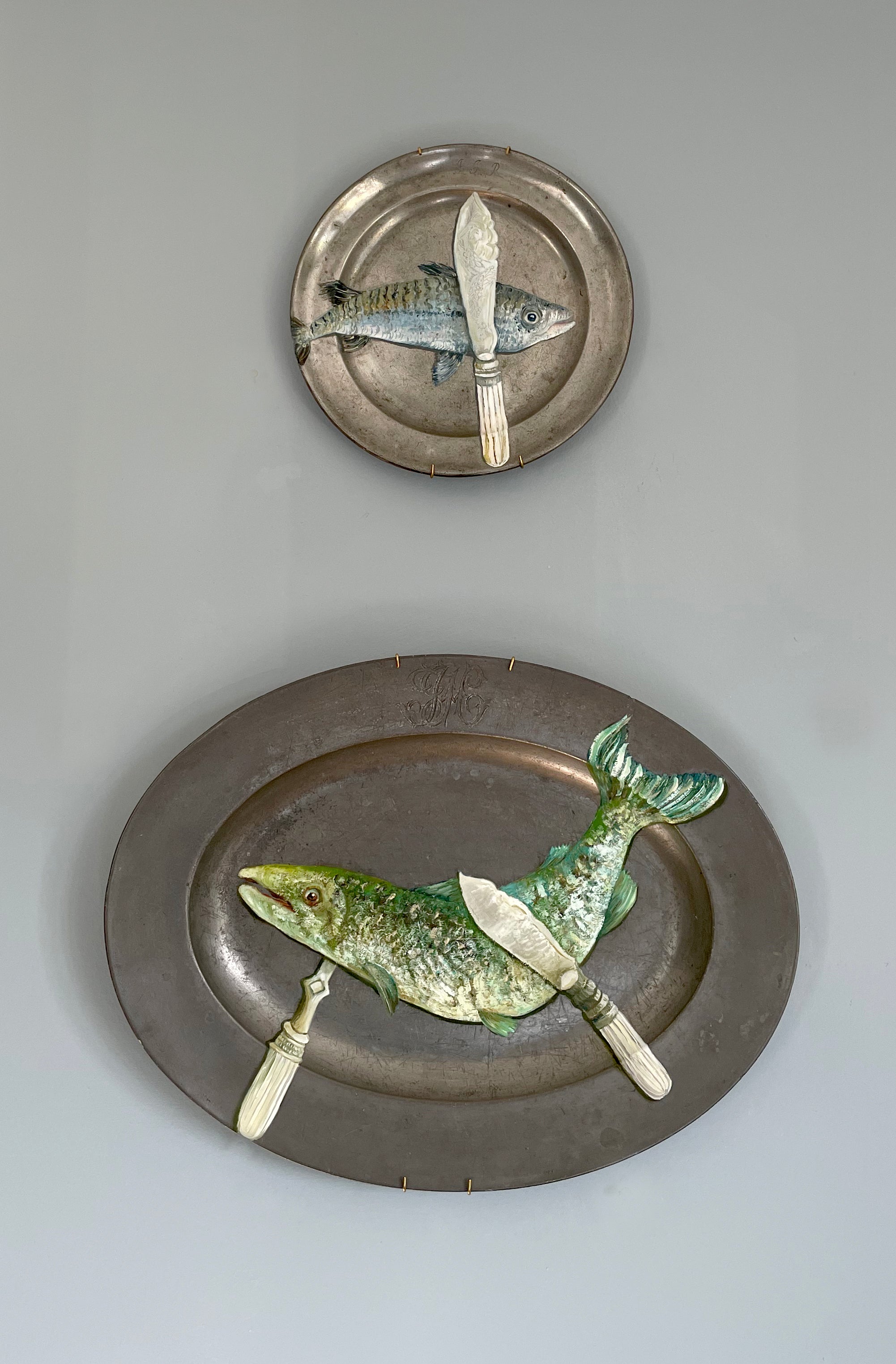 SOLD Plated: original fine art oil painting on an antique pewter plate - antique fish knife & mackerel