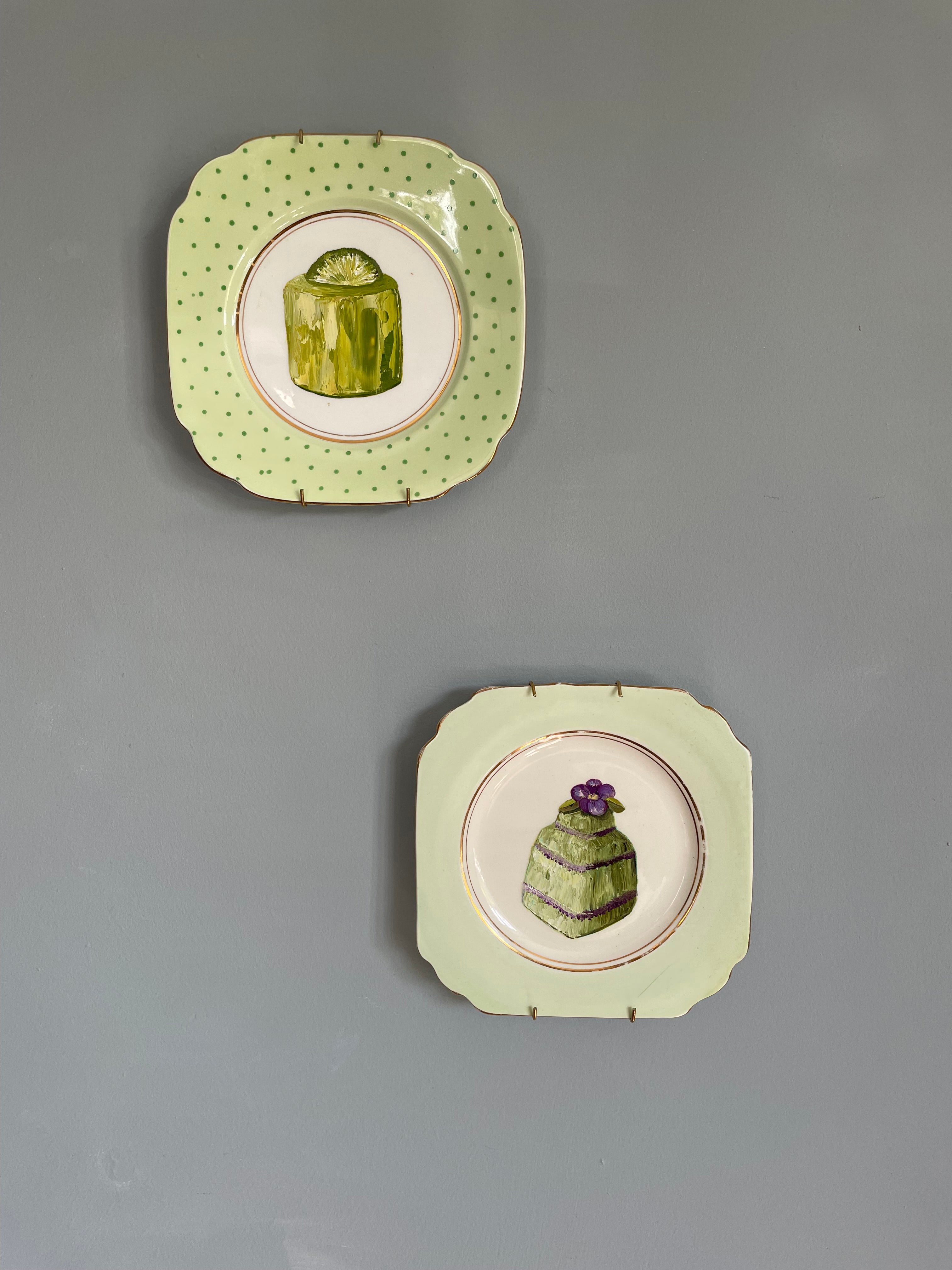 Lime Fondant Cake Original Oil Painting On Vintage Bell China Green Dotty Tea Plate
