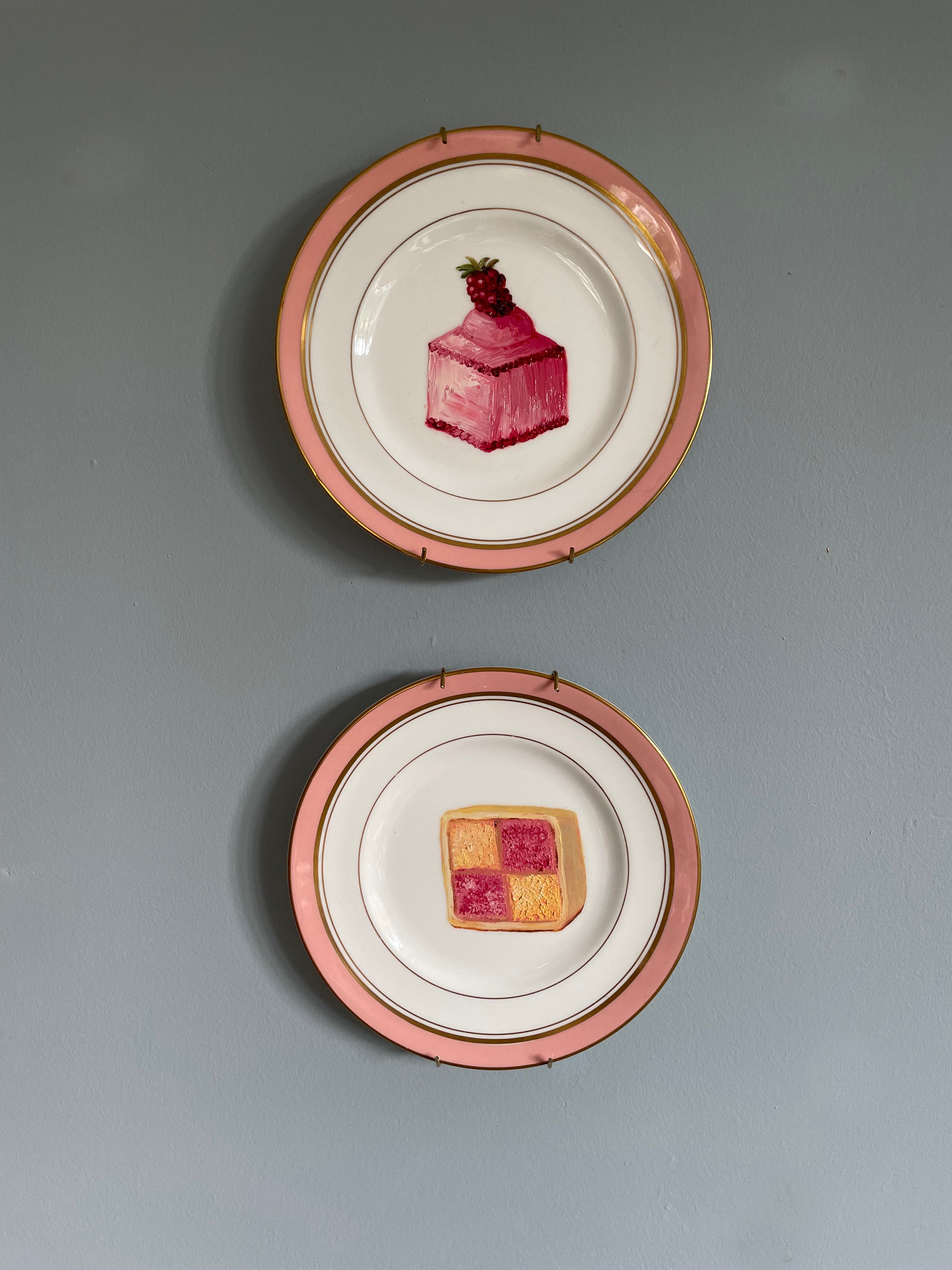Raspberry Fondant Cake Original Oil Painting On Vintage Royal Worcester Tea Plate