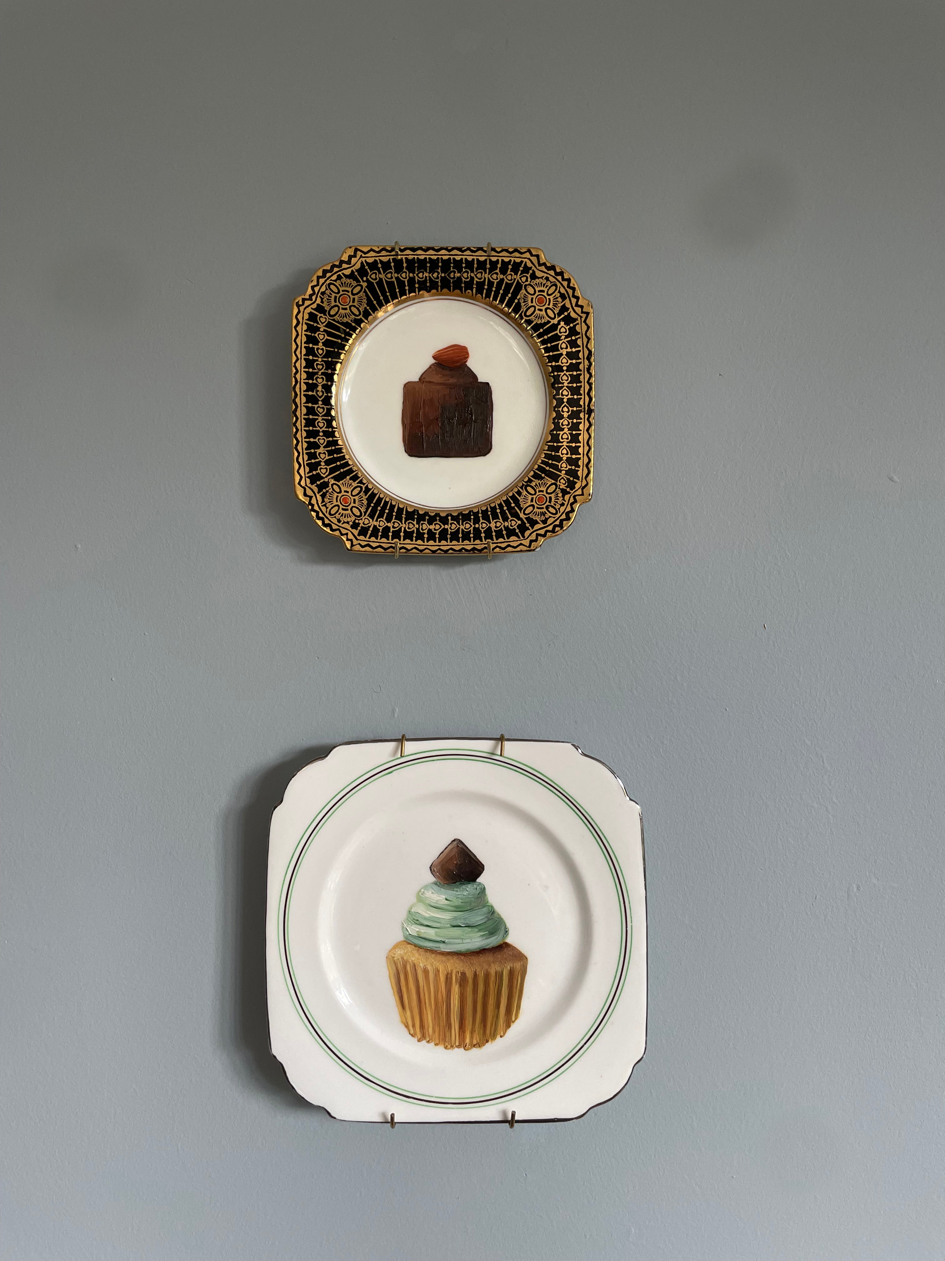 Mint Cream Cup Cake Original Oil Painting On 1920s T.F.& S. Ltd China Tea Plate