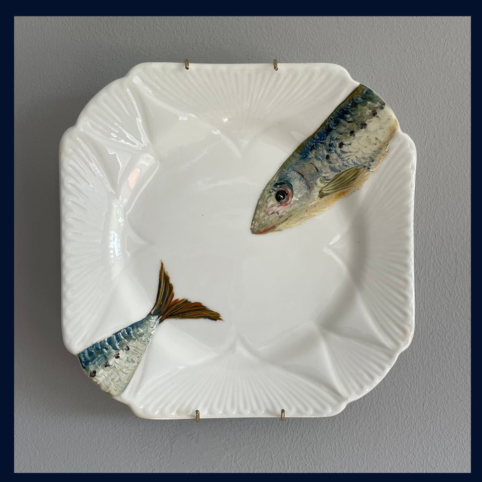 Plated: original fine art oil painting on an antique tea plate - 2 sardines
