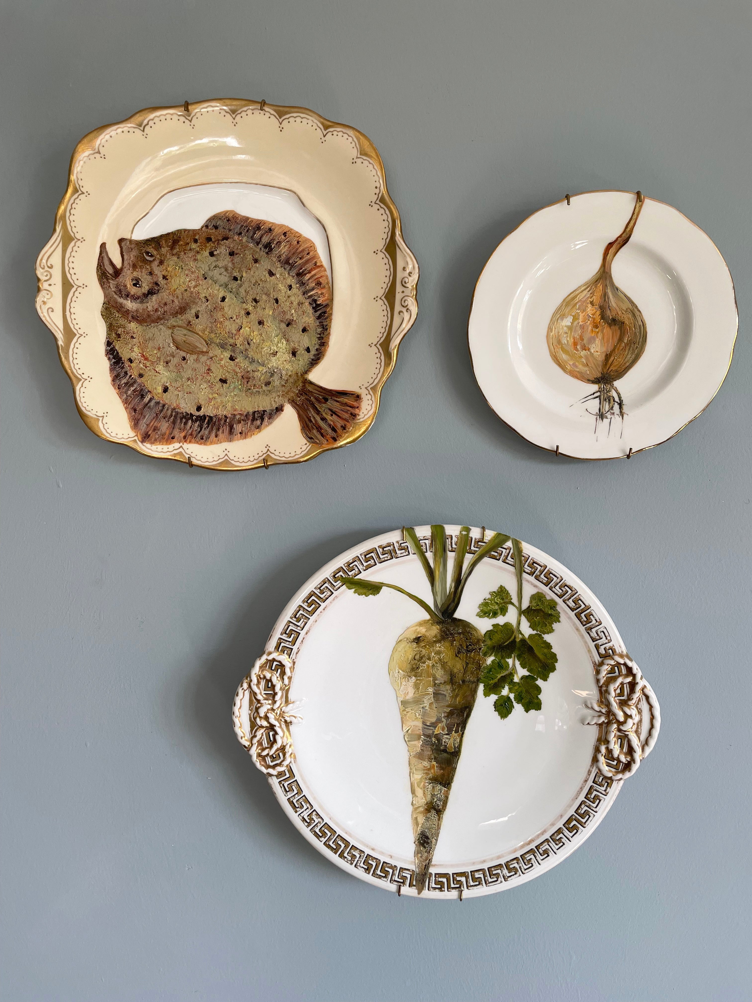 Plated: original fine art oil painting on a vintage cake plate - plaice