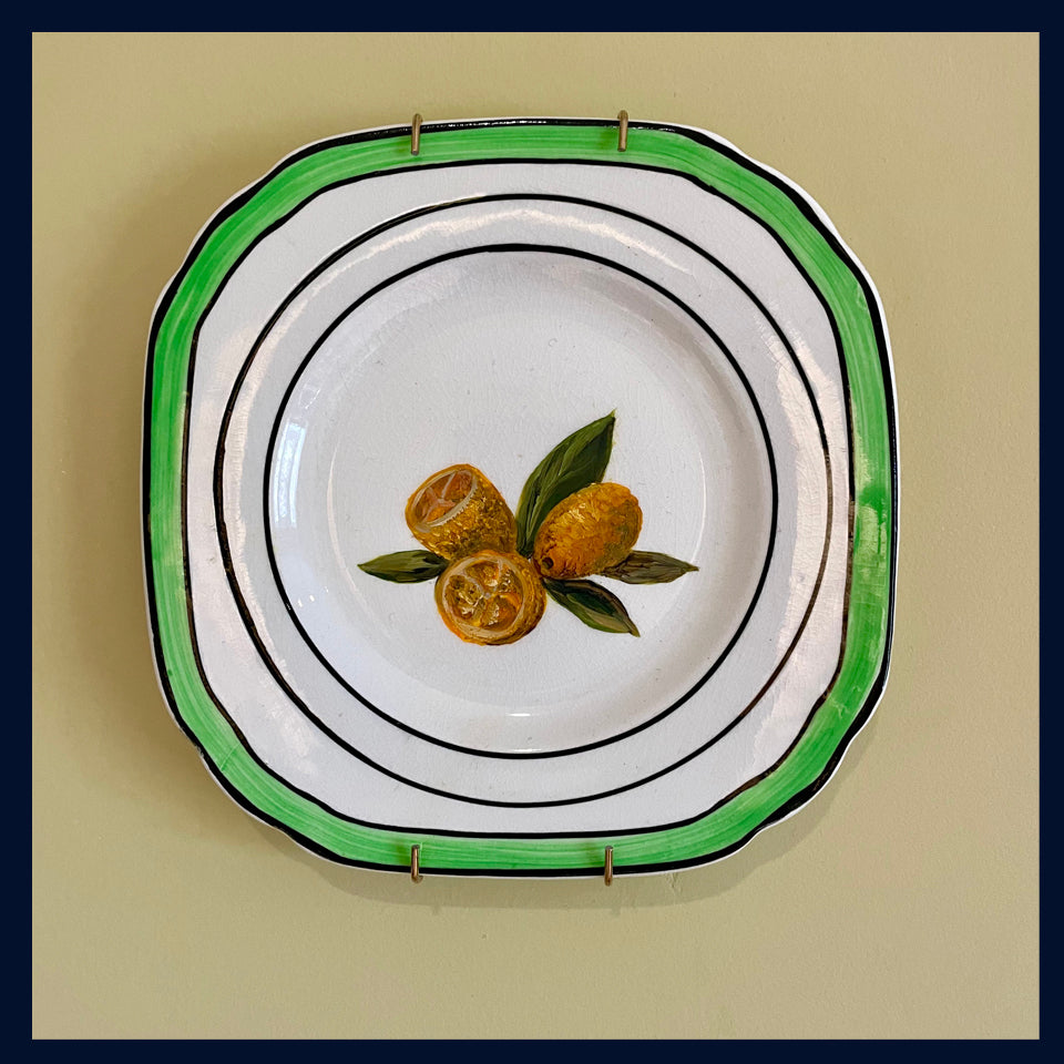Plated: original fine art oil painting on a 1940s tea plate - kumquats