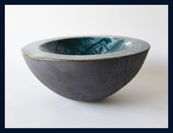 Shallow, Double-Walled Sculptural Ceramic Vessel by Lesley Farrell (teal & black) 3