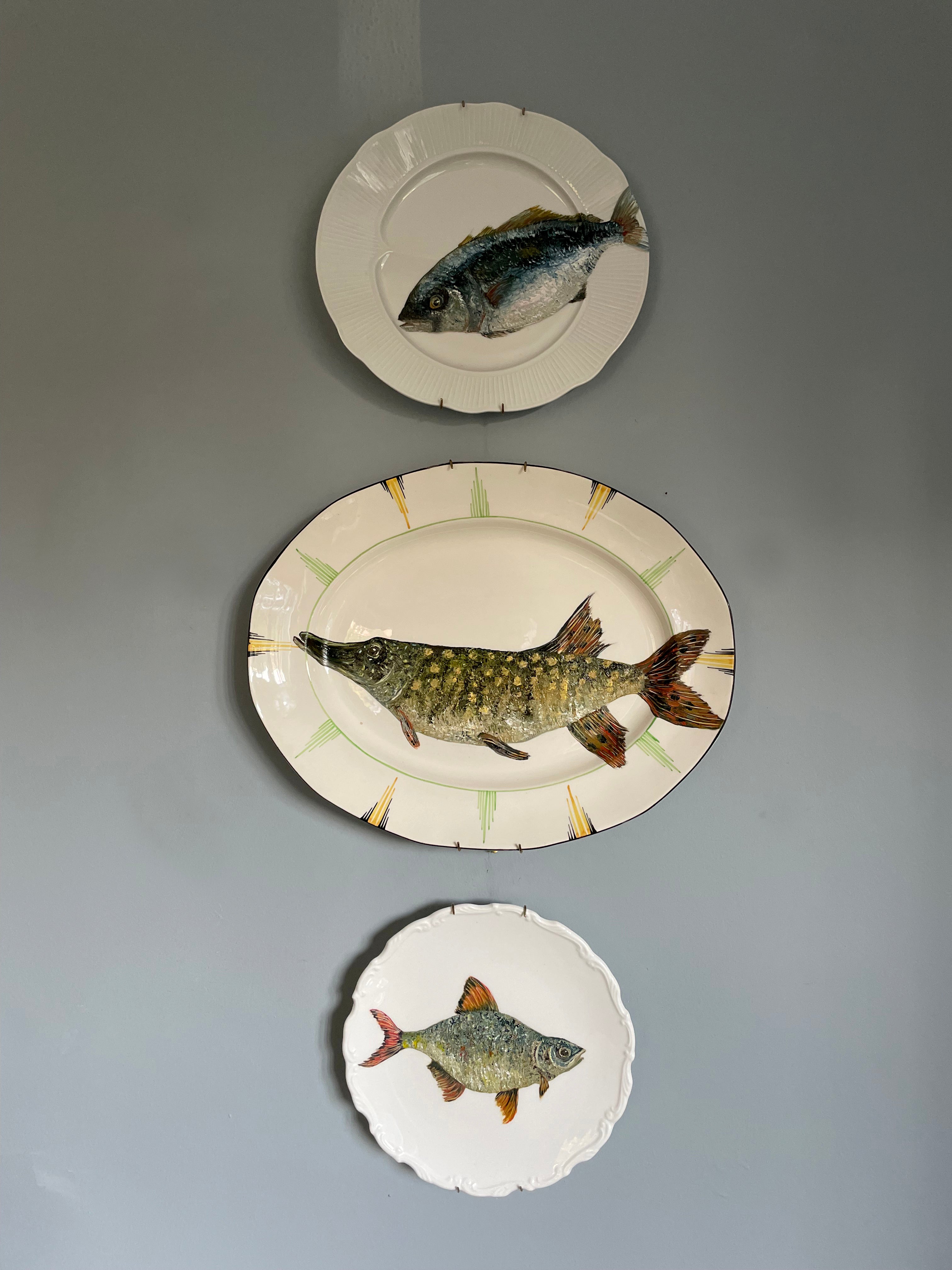 Original oil painting on vintage plate - roach fish