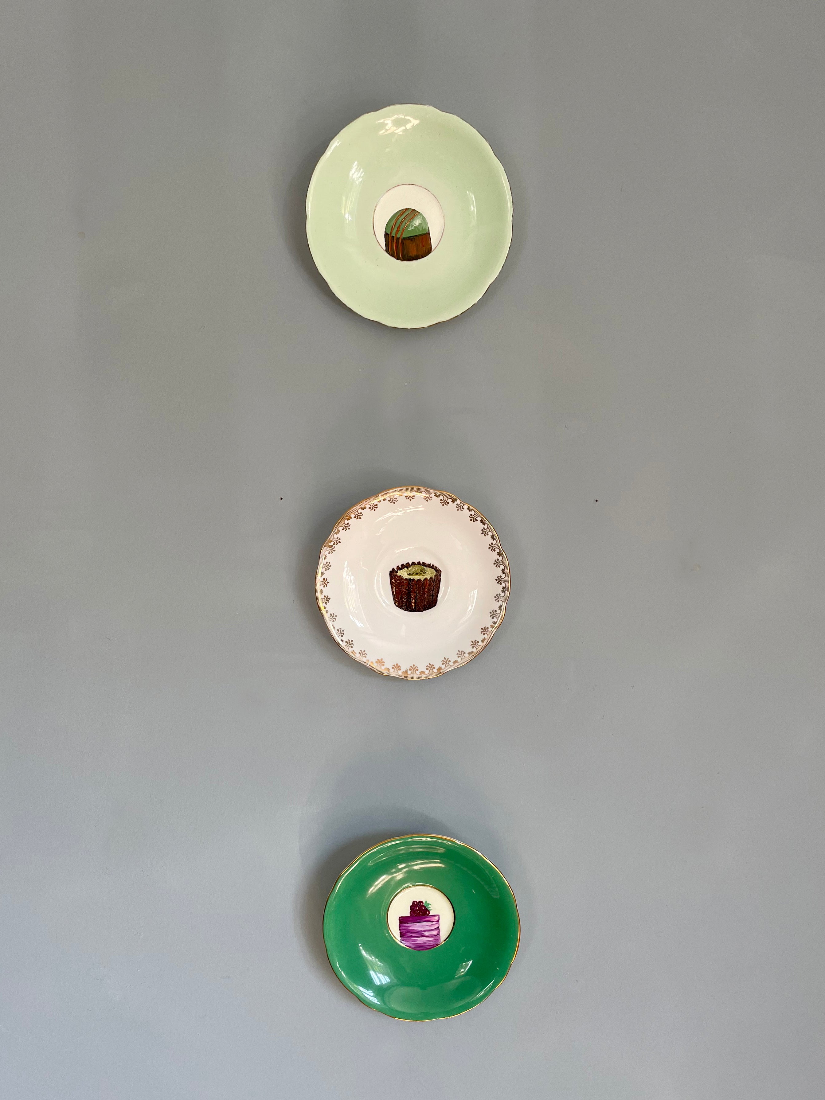 Pistachio & Caramel Chocolate Original Oil Painting On Vintage Saucer