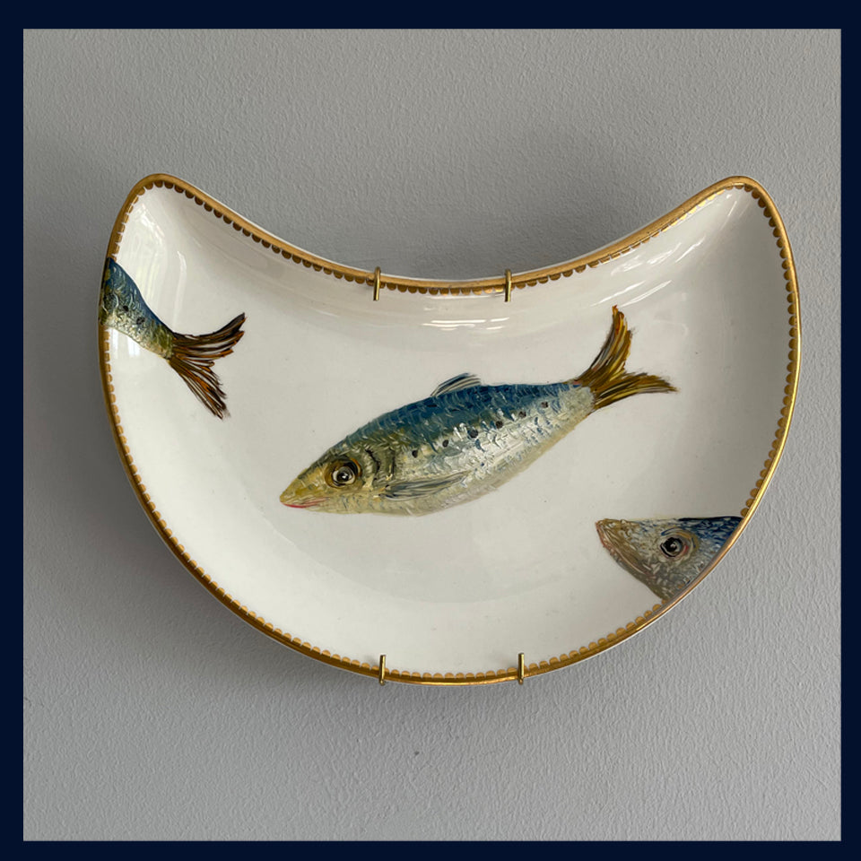 Plated: original fine art oil painting on a vintage side plate - 3 sardines