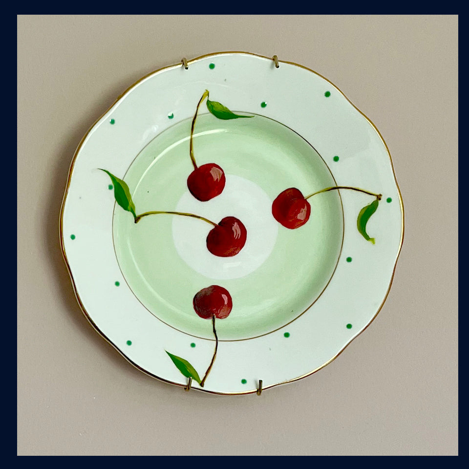 Plated: original fine art oil painting on a vintage tea plate - 4 cherries