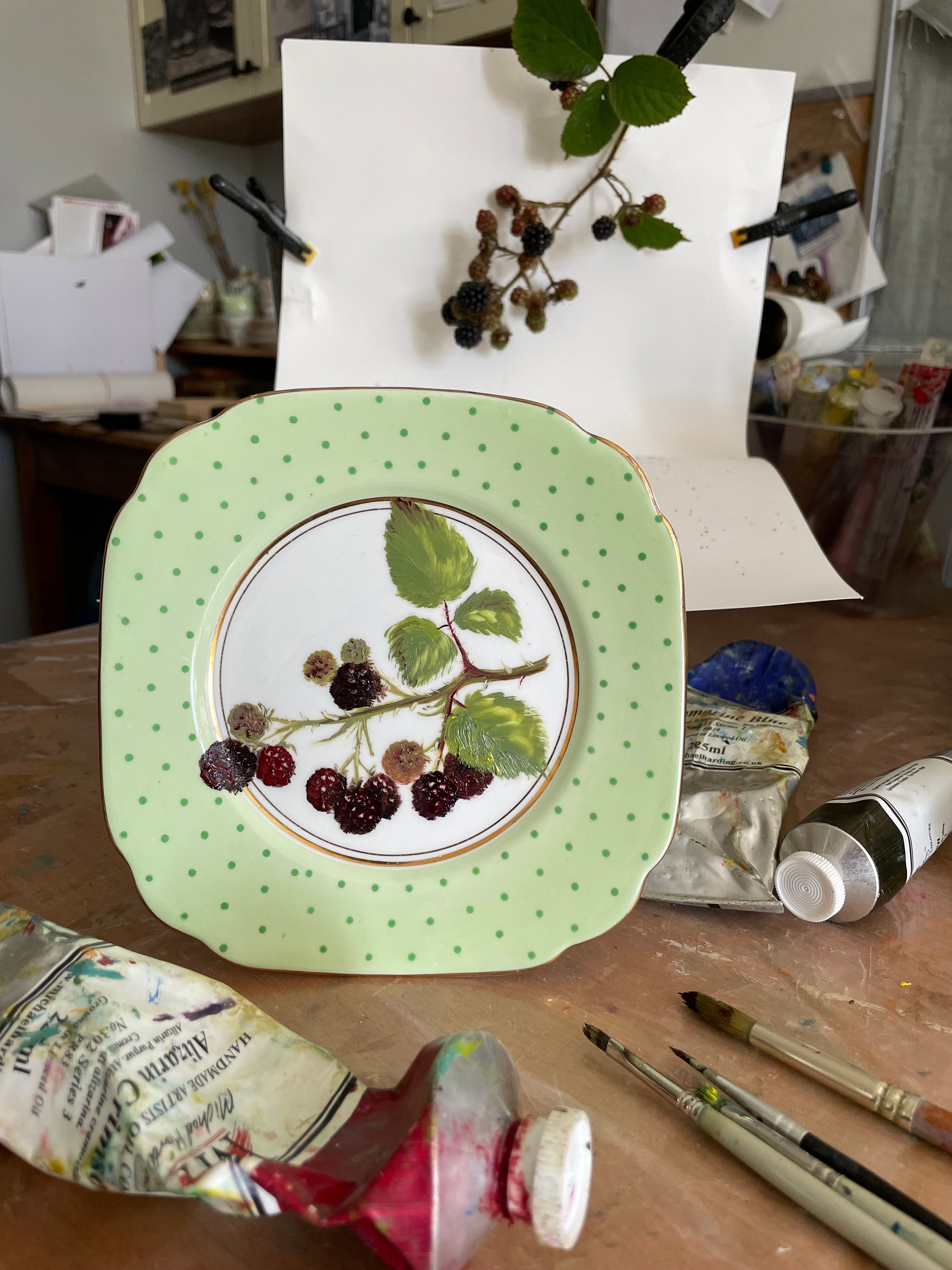 Original fine art oil painting on an vintage tea plate - blackberry spray