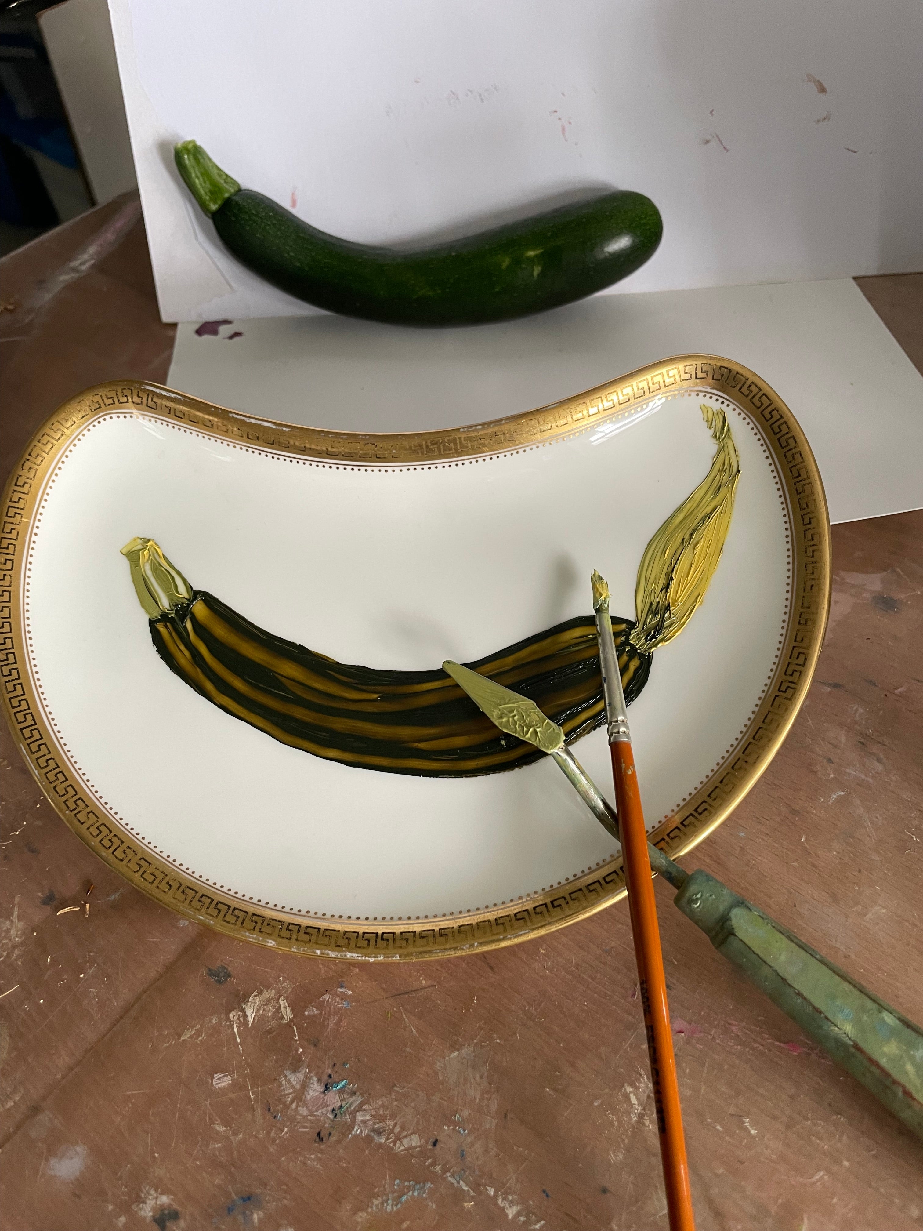 Original oil painting on a vintage side plate - courgette