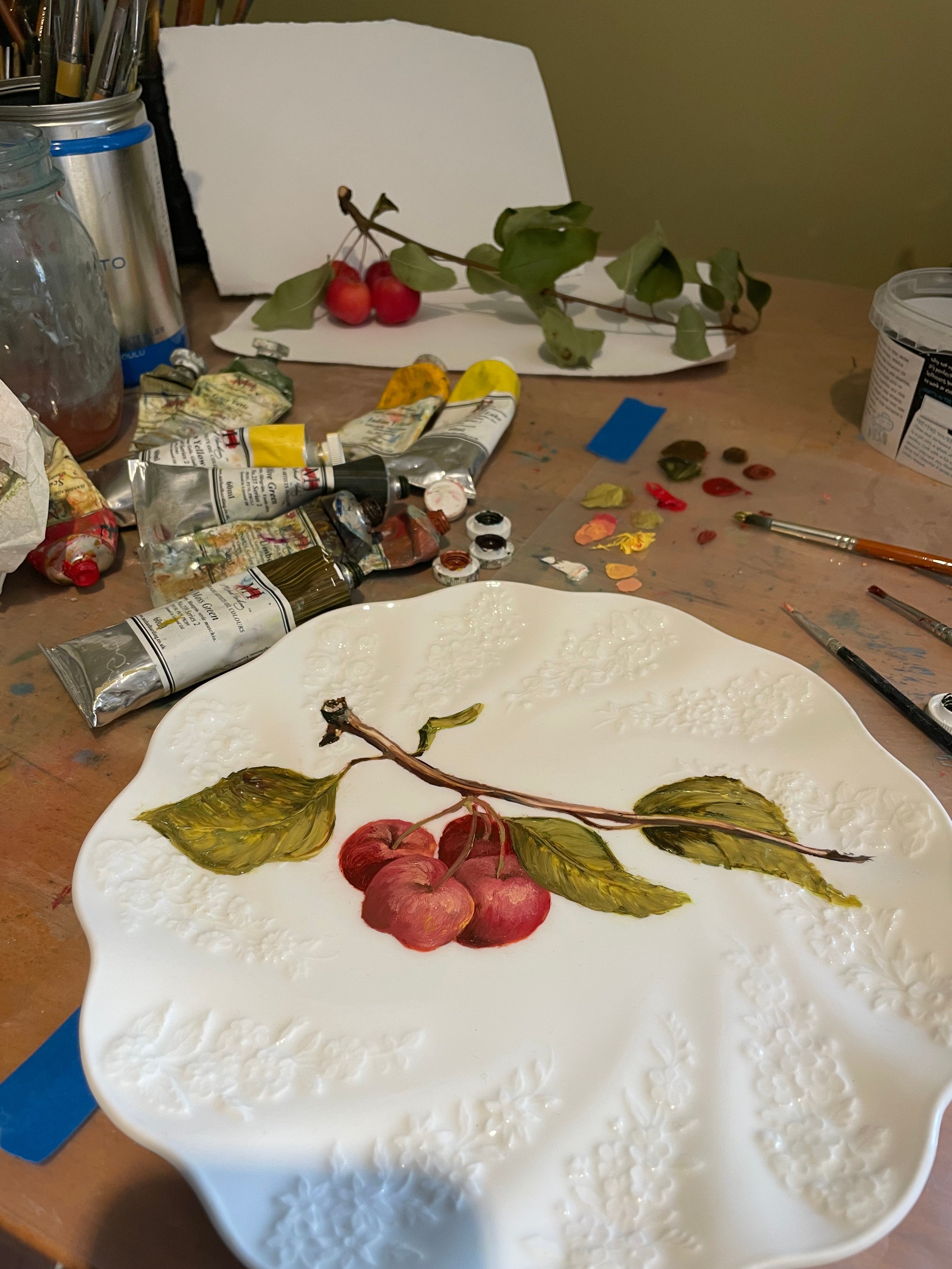 Original oil painting on antique Coalport salad plate - crab apple spray