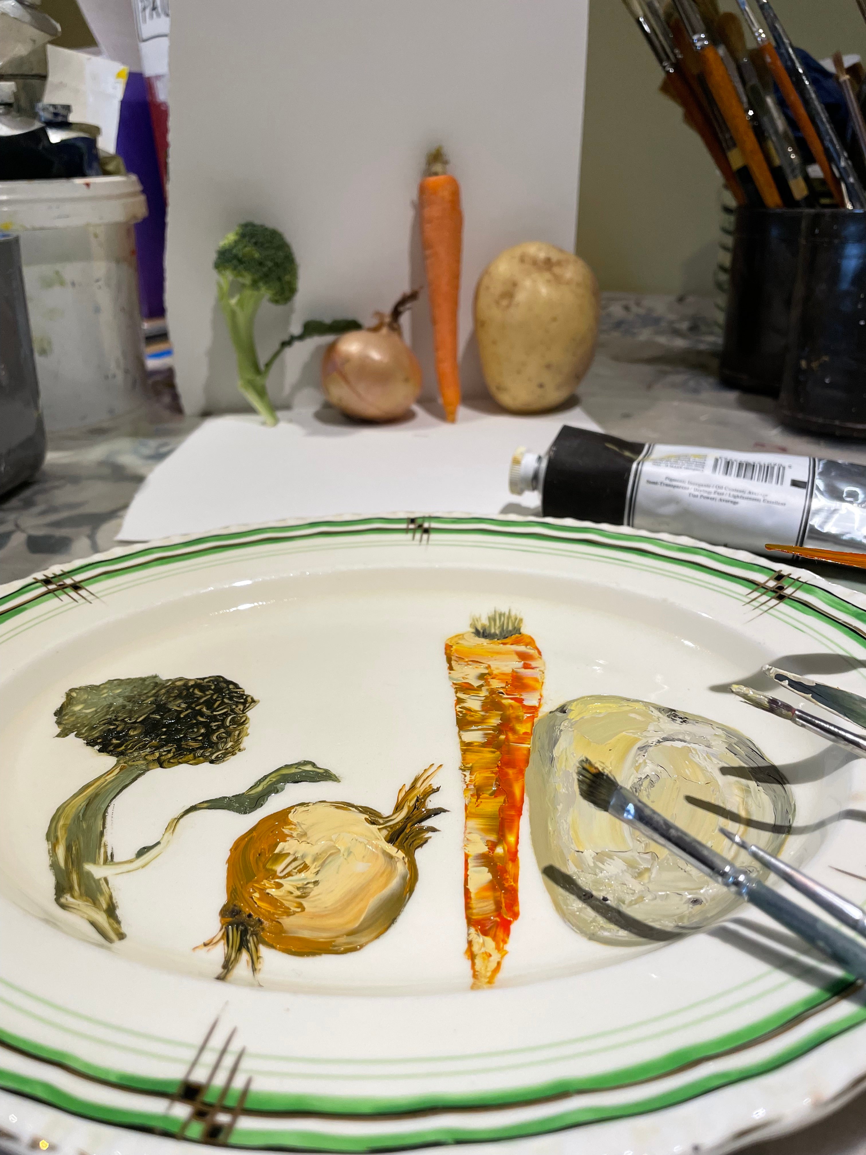 SOLD Original oil painting on Art Deco platter - vegetables