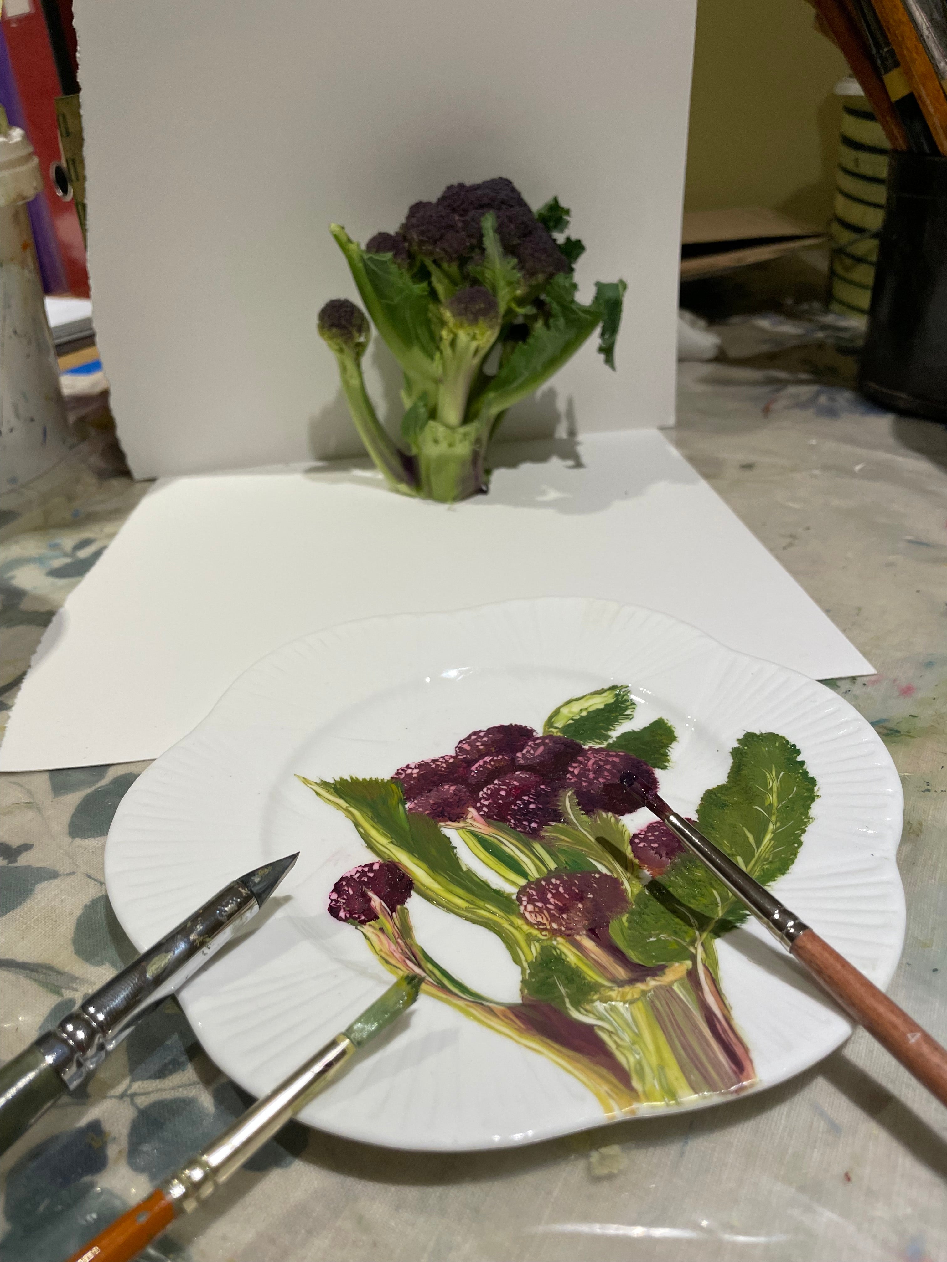 Original oil painting on antique tea plate - purple sprouting broccoli
