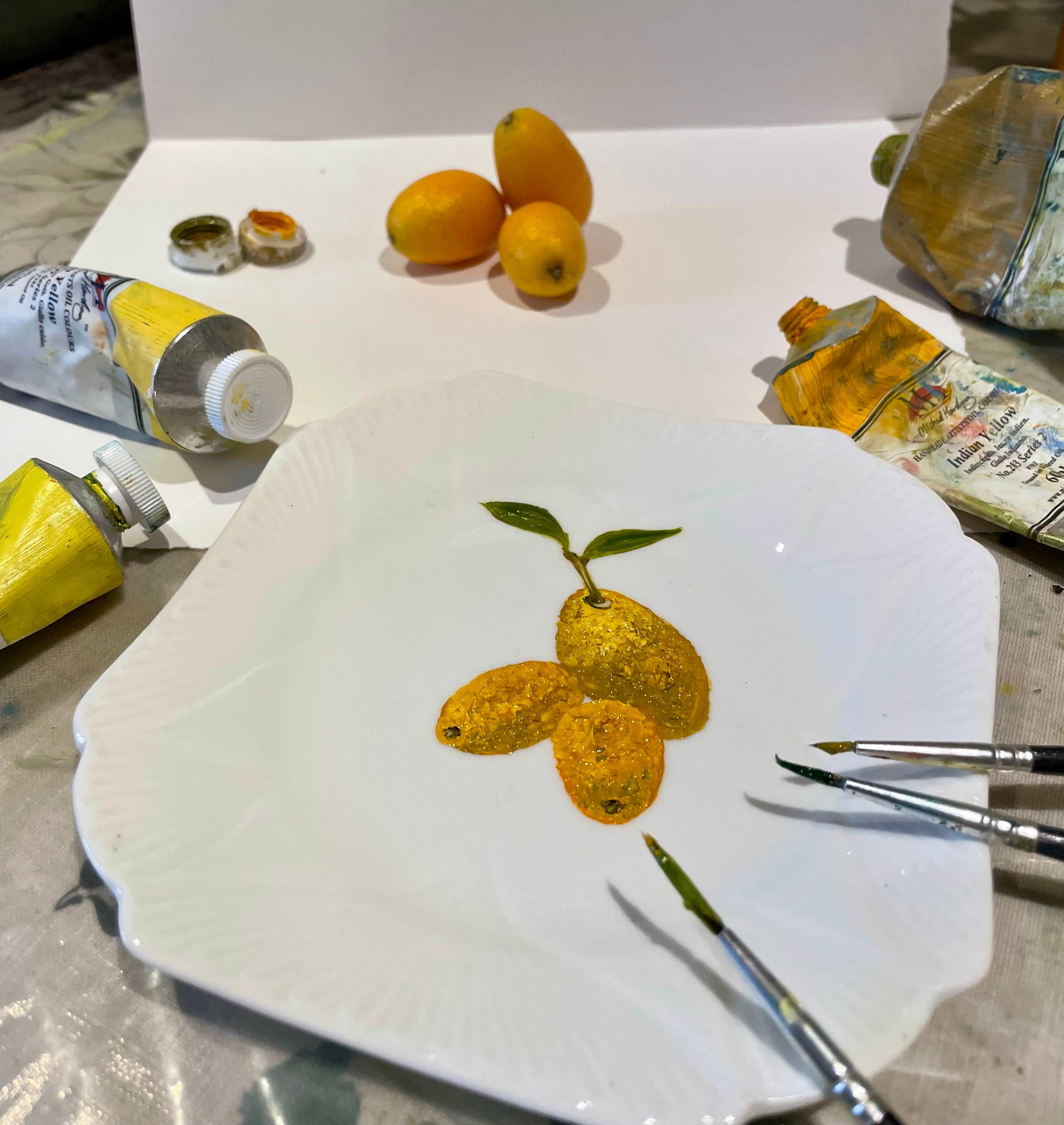Plated: original fine art oil painting on an antique tea plate - kumquats