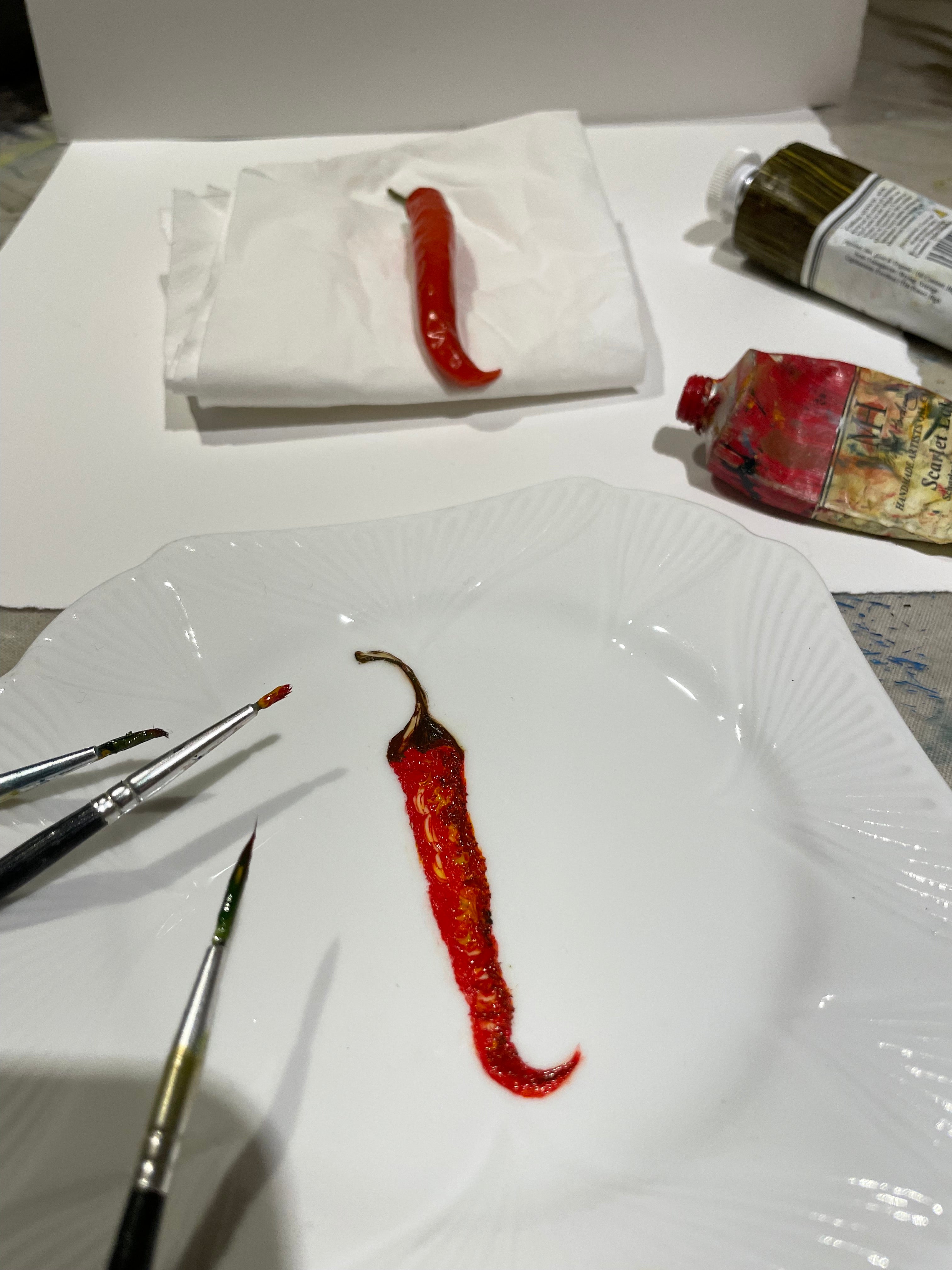Original oil painting on an antique tea plate - chilli