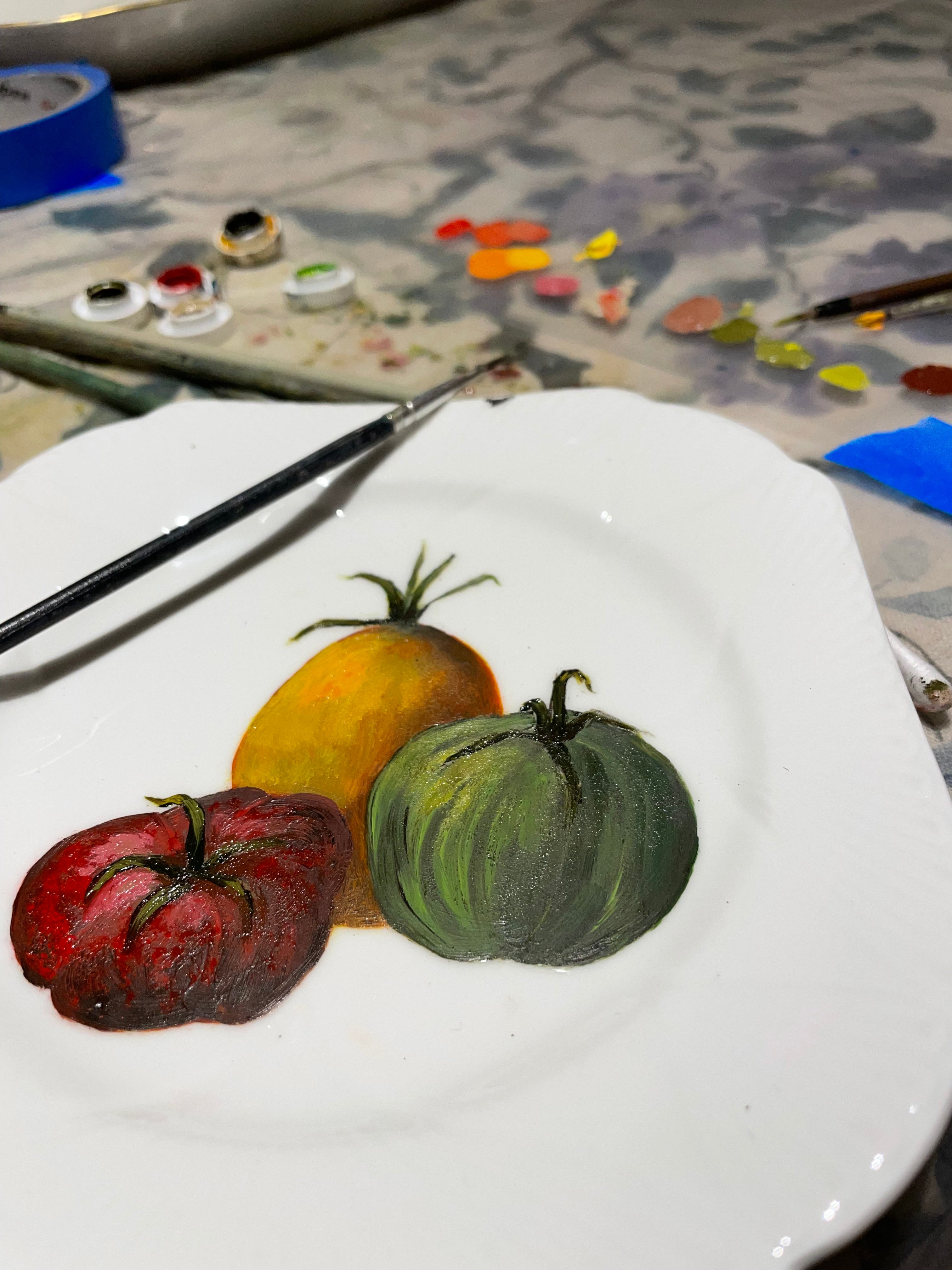 Original oil painting on an antique tea plate - 3 French heritage tomatoes