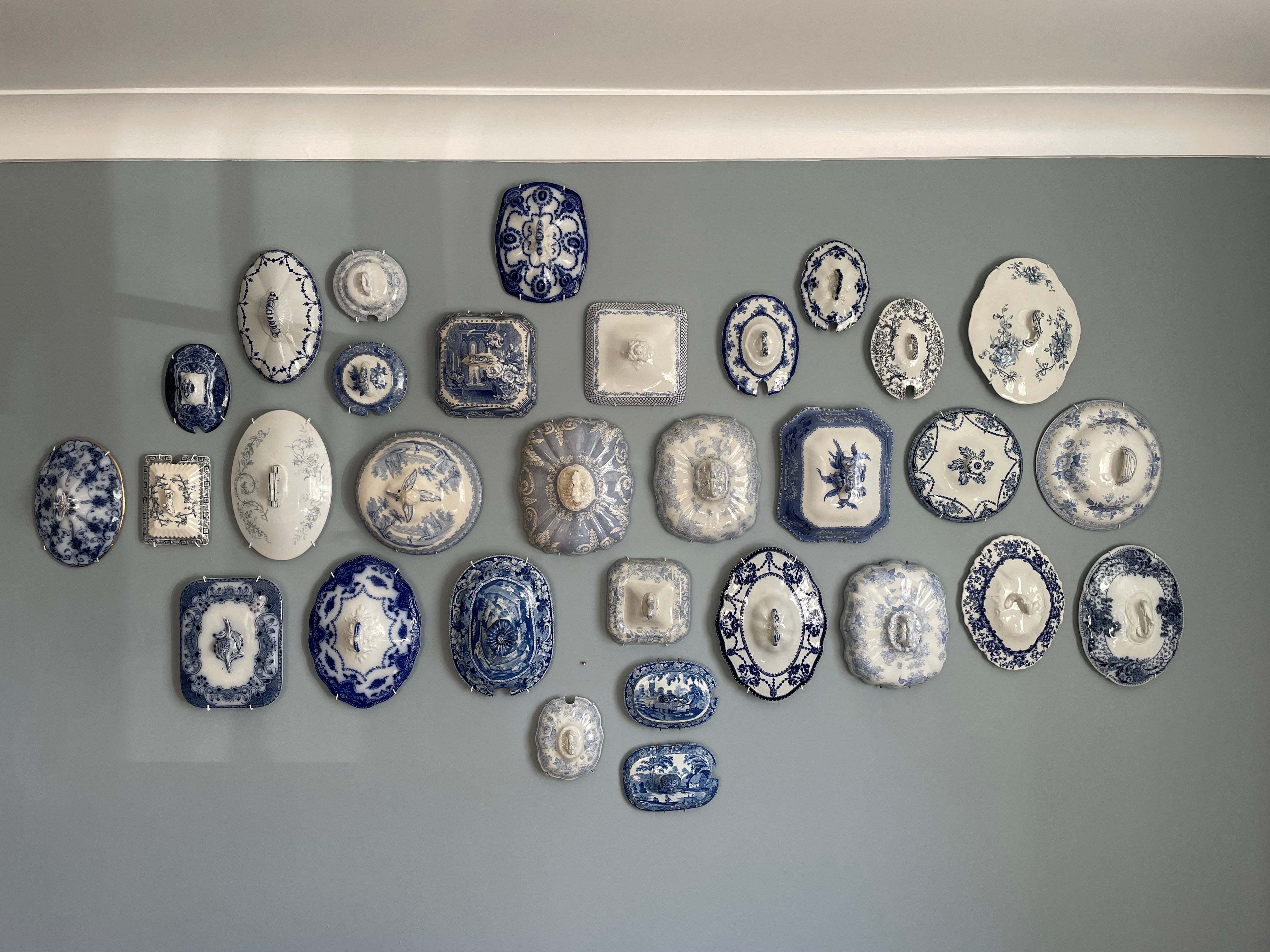 Wall Collection of 30 Blue & White Antique Tureen Lids