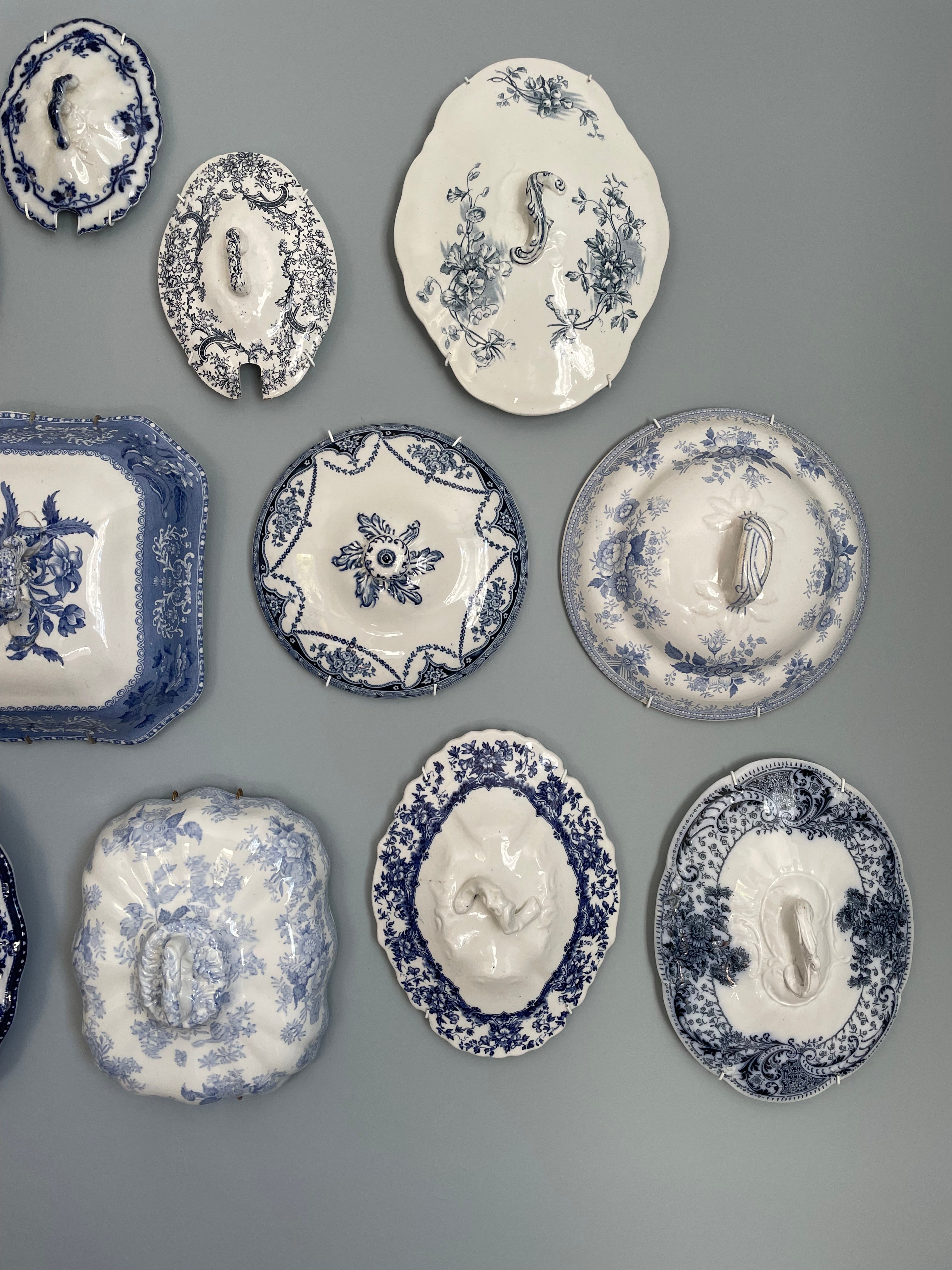 Wall Collection of 30 Blue & White Antique Tureen Lids