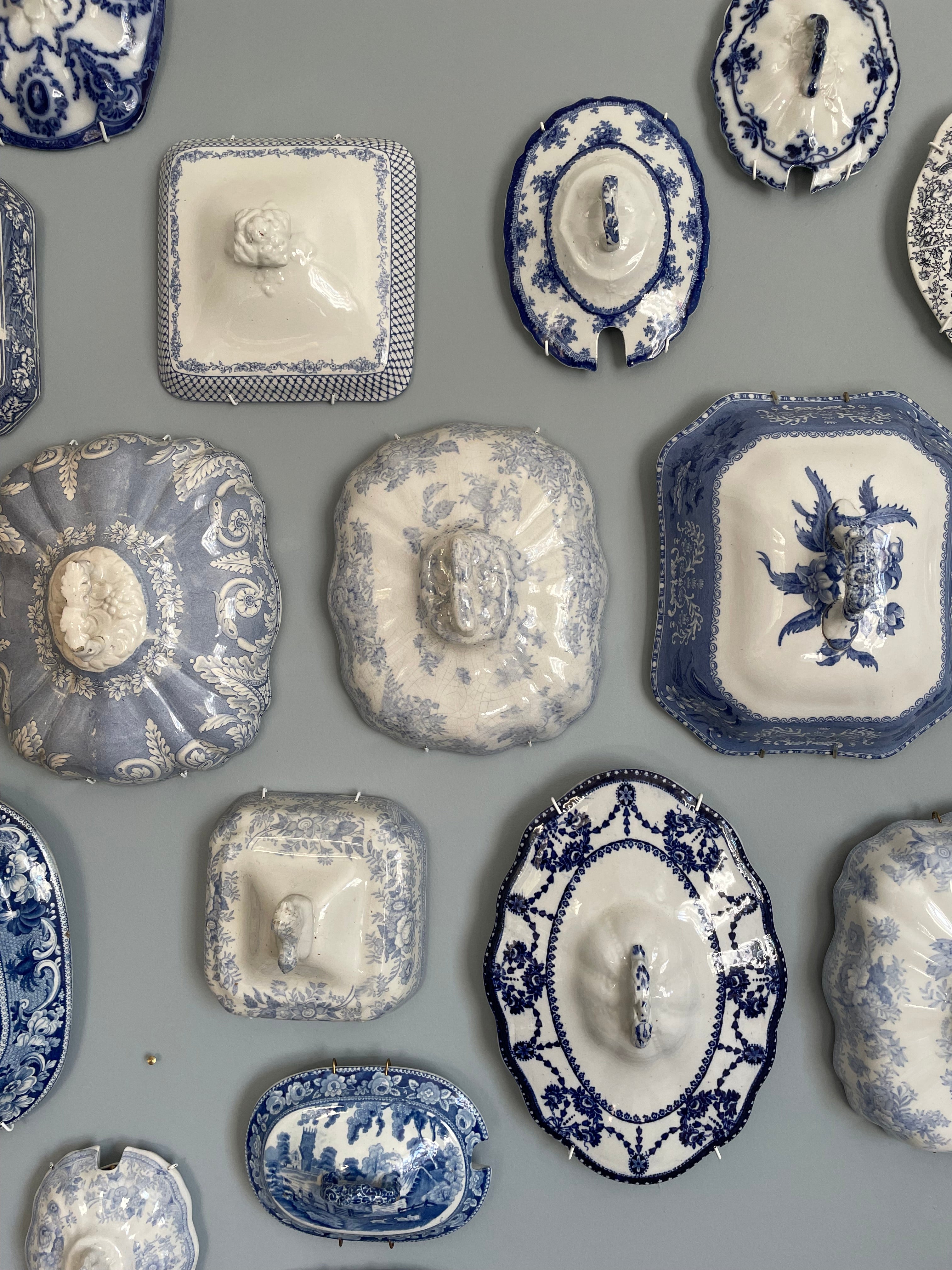 Wall Collection of 30 Blue & White Antique Tureen Lids