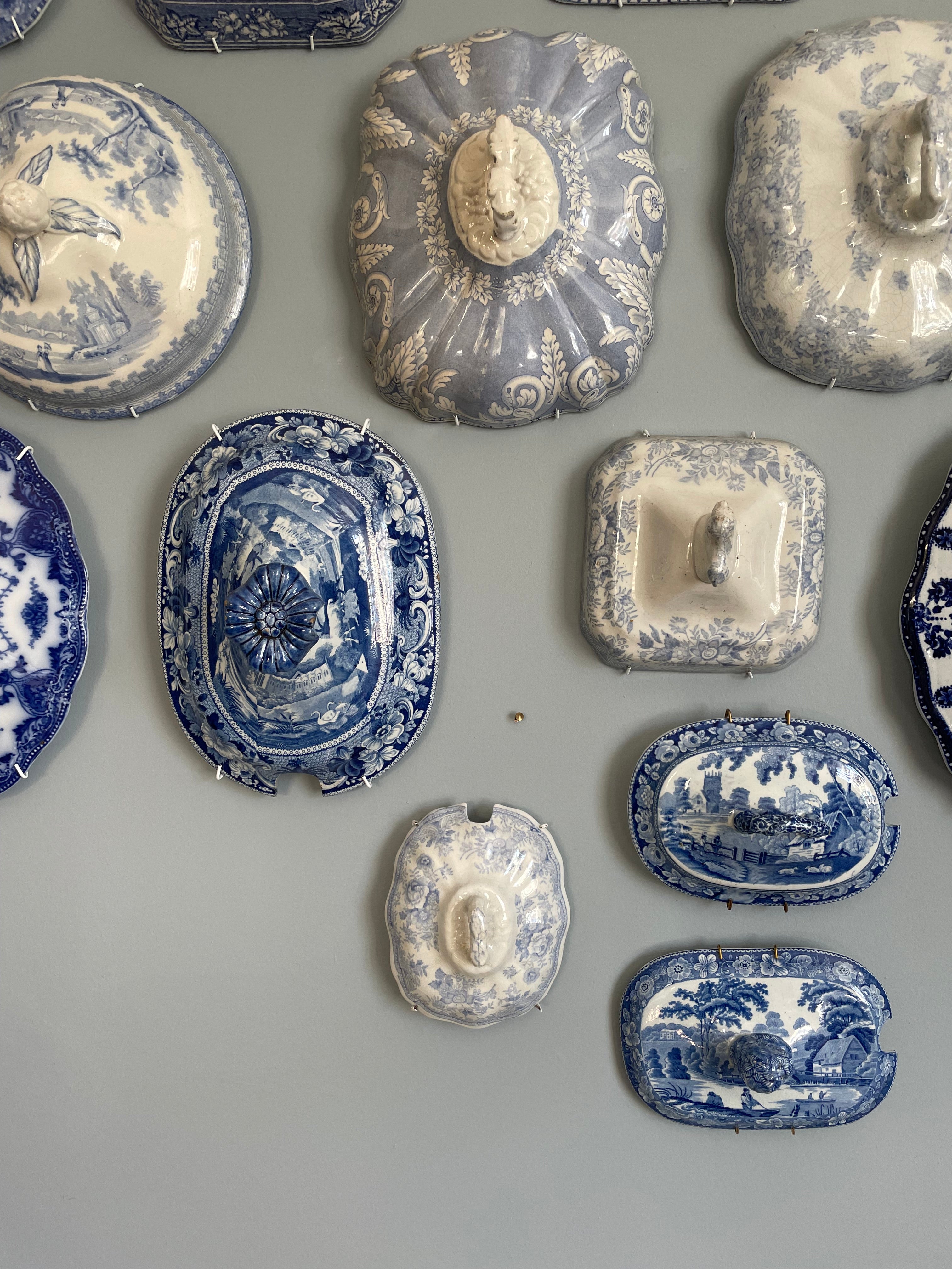 Wall Collection of 30 Blue & White Antique Tureen Lids