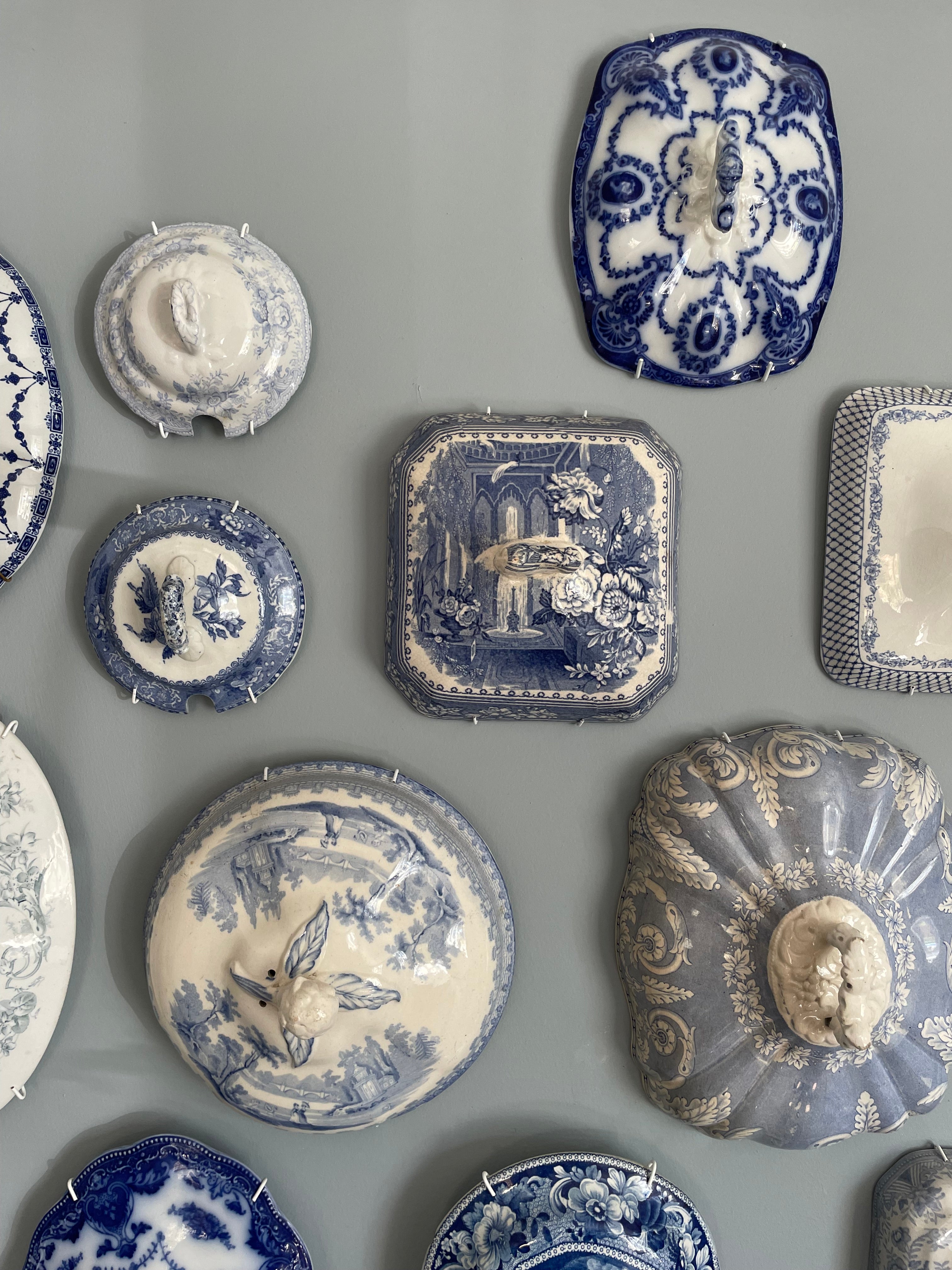 Wall Collection of 30 Blue & White Antique Tureen Lids