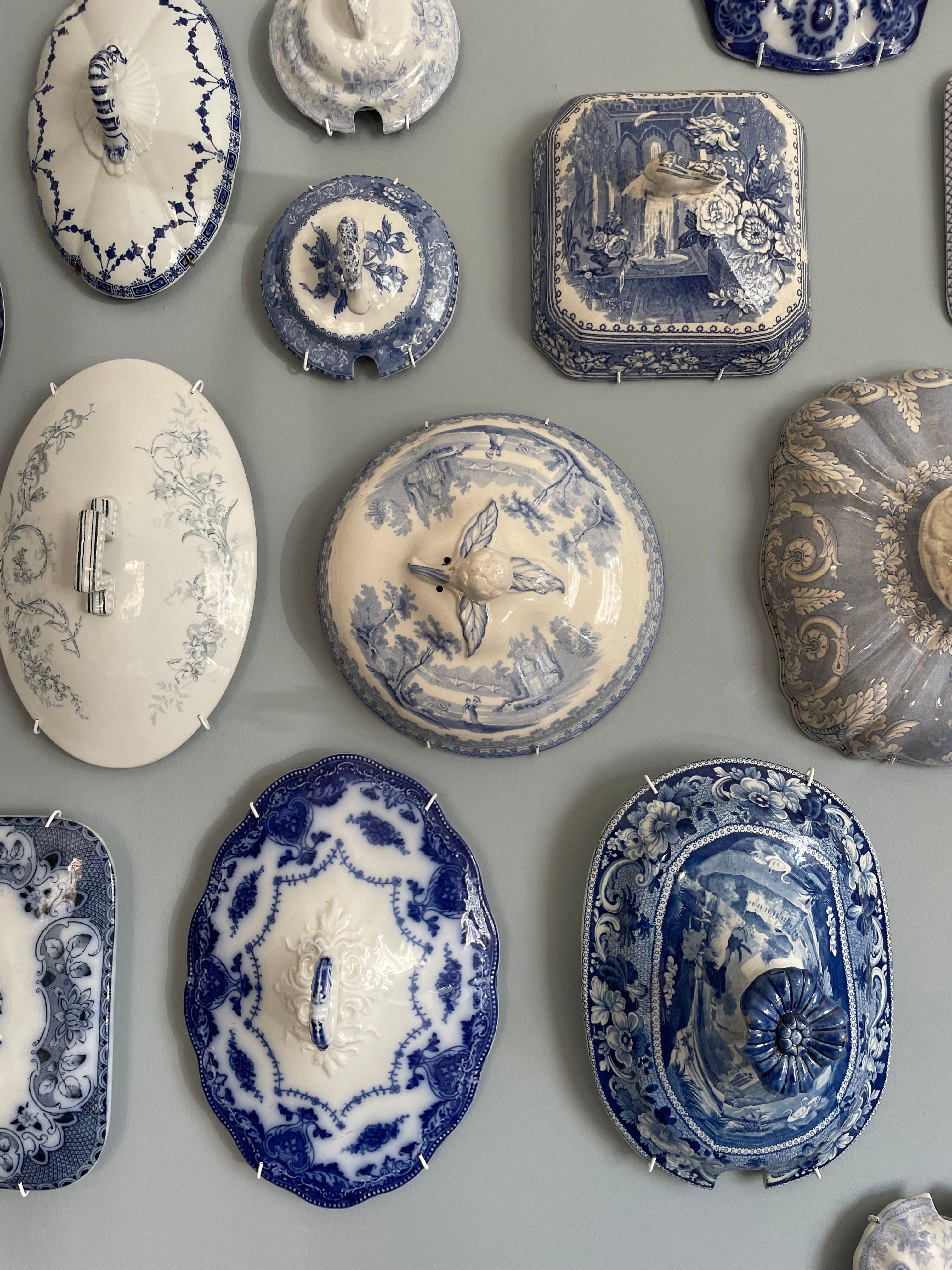 Wall Collection of 30 Blue & White Antique Tureen Lids