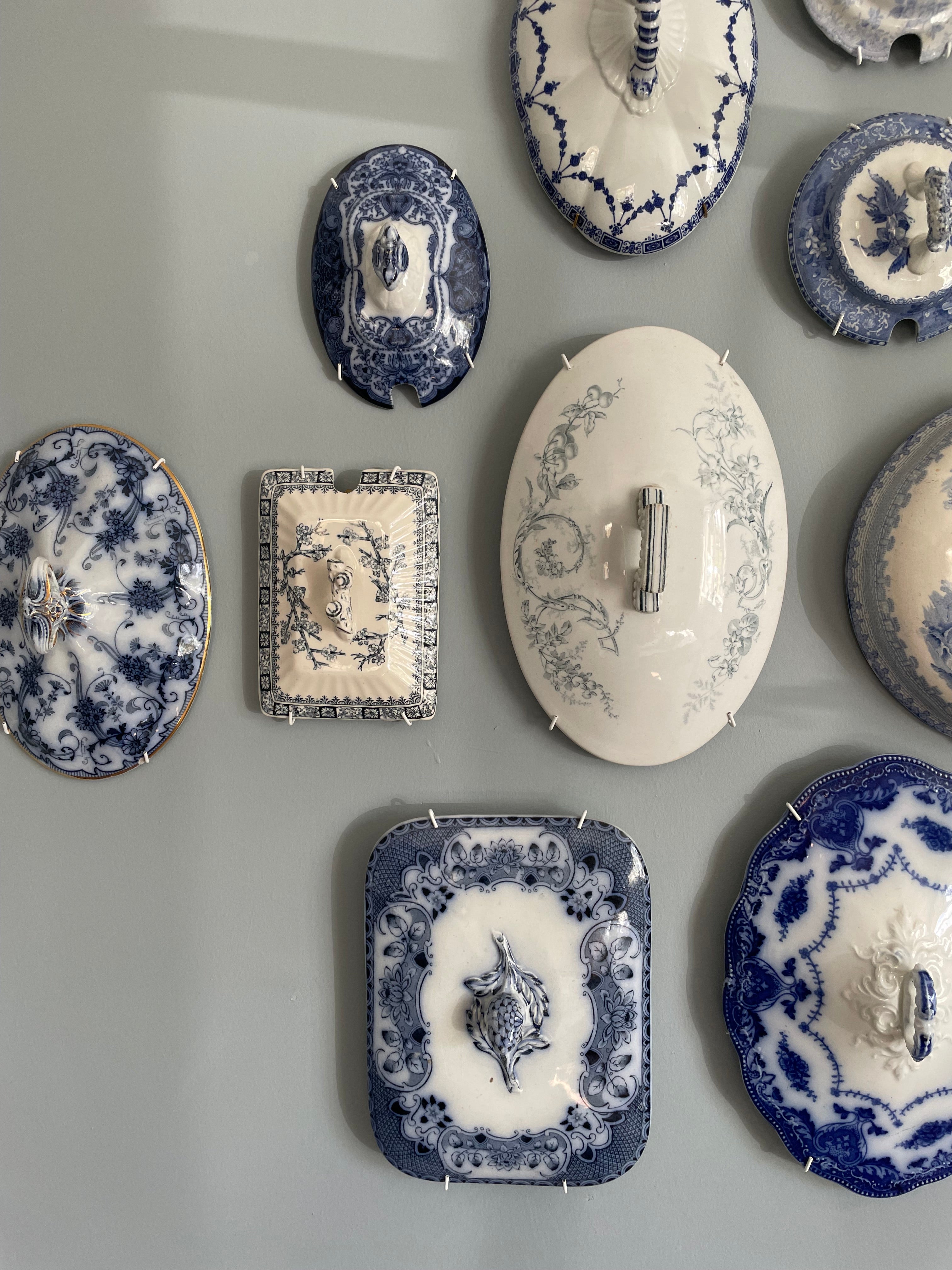 Wall Collection of 30 Blue & White Antique Tureen Lids