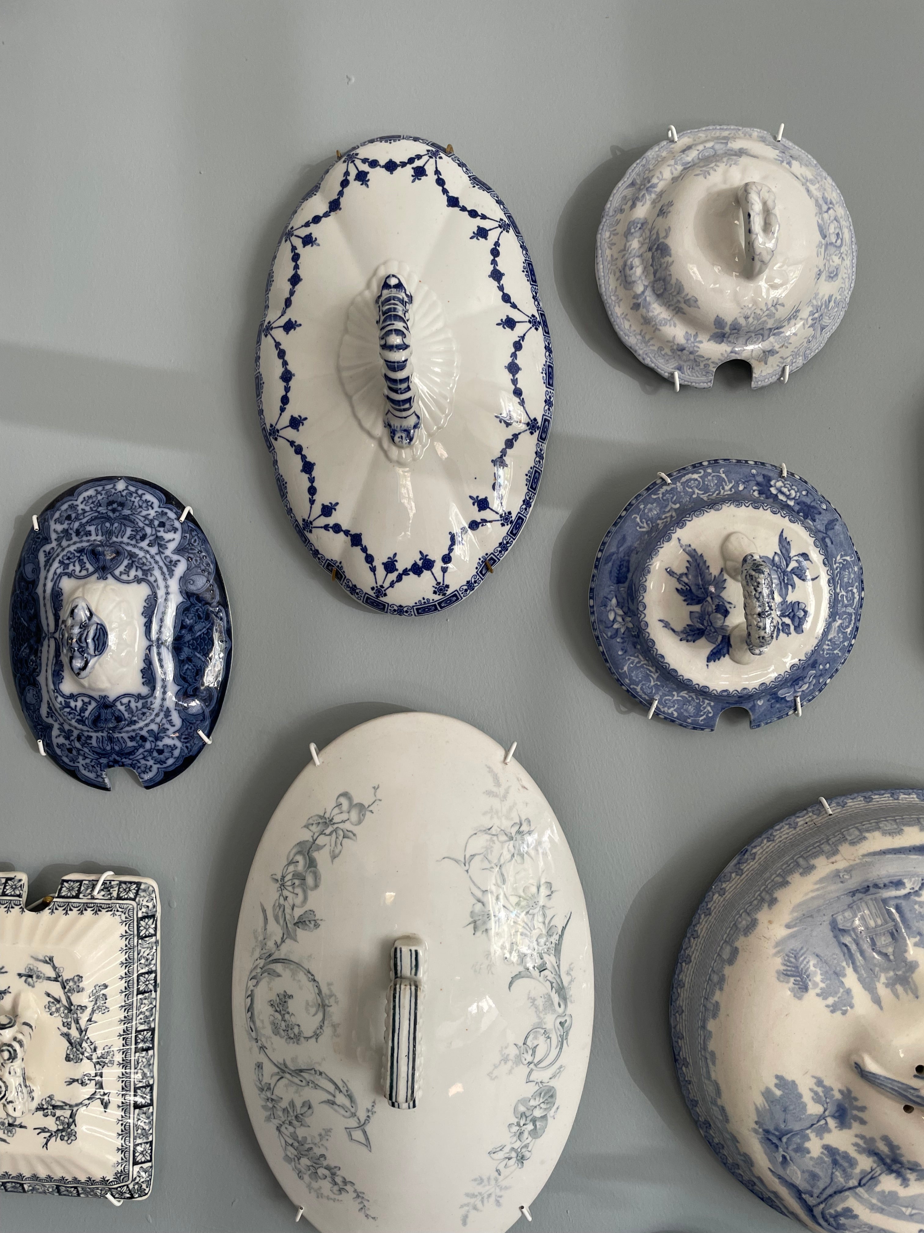 Wall Collection of 30 Blue & White Antique Tureen Lids
