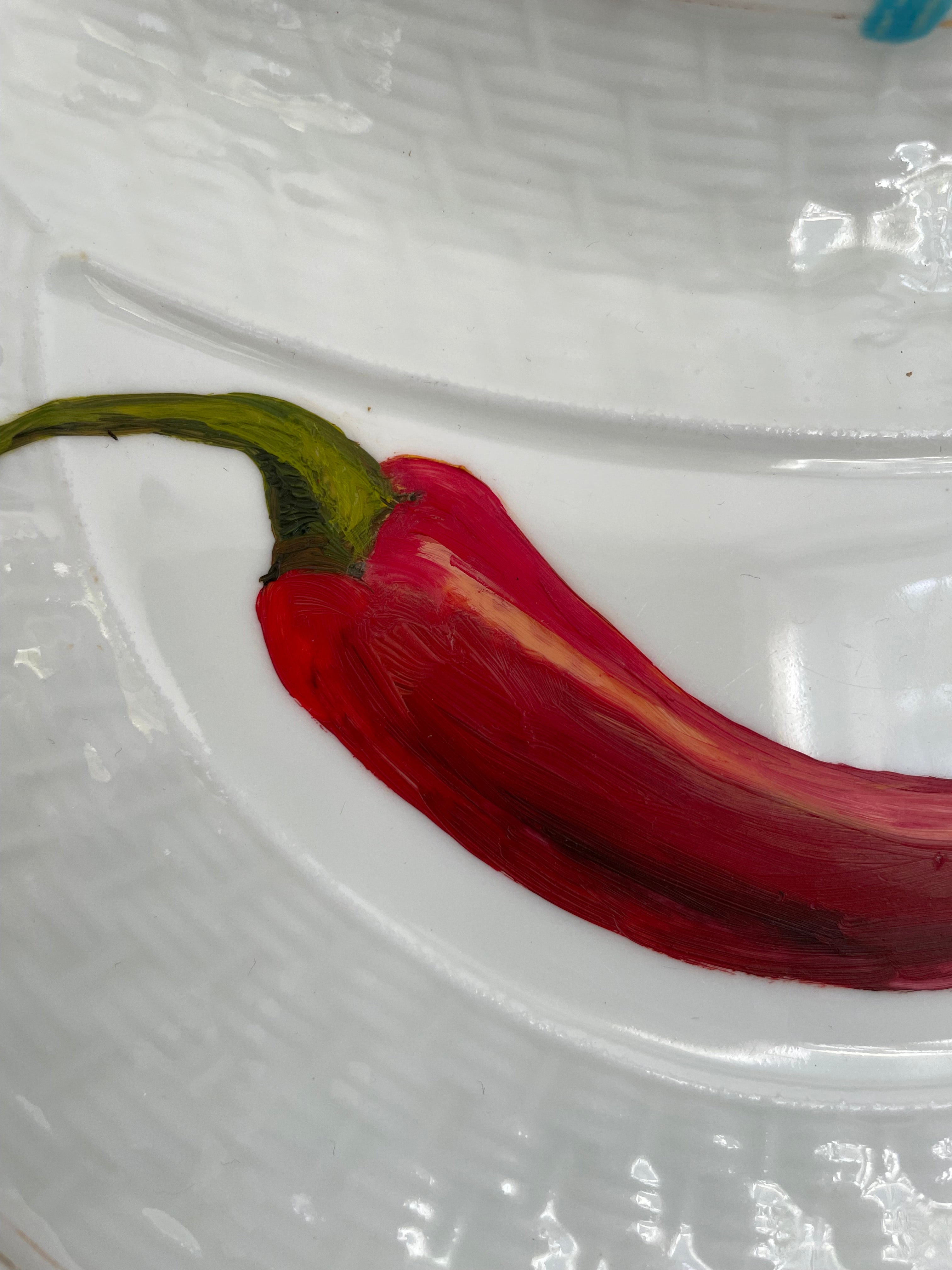 Plated: original fine art oil painting on an antique Brown-Westhead & Moore side plate - chilli