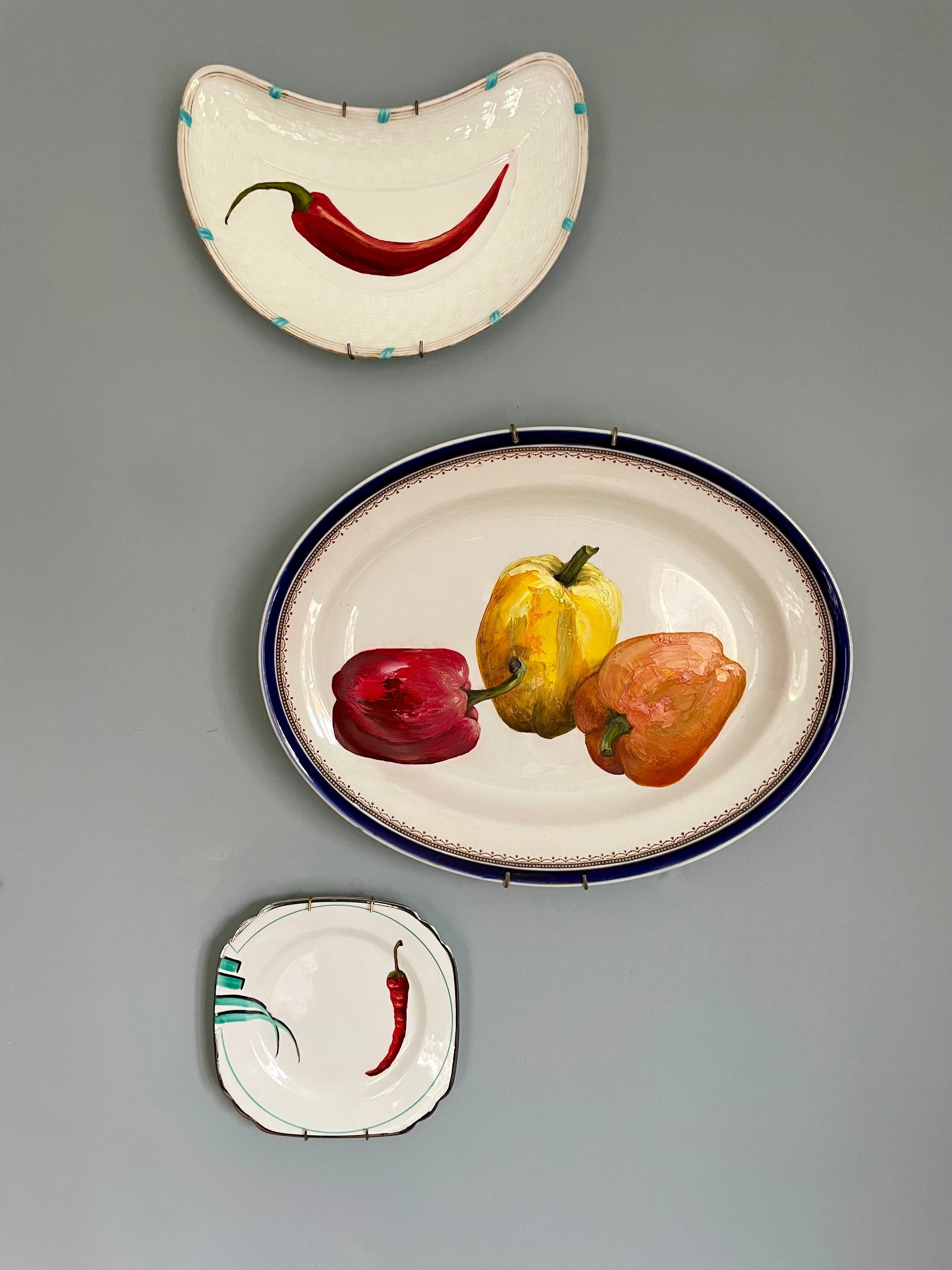 Plated: original fine art oil painting on a vintage plate - 3 peppers