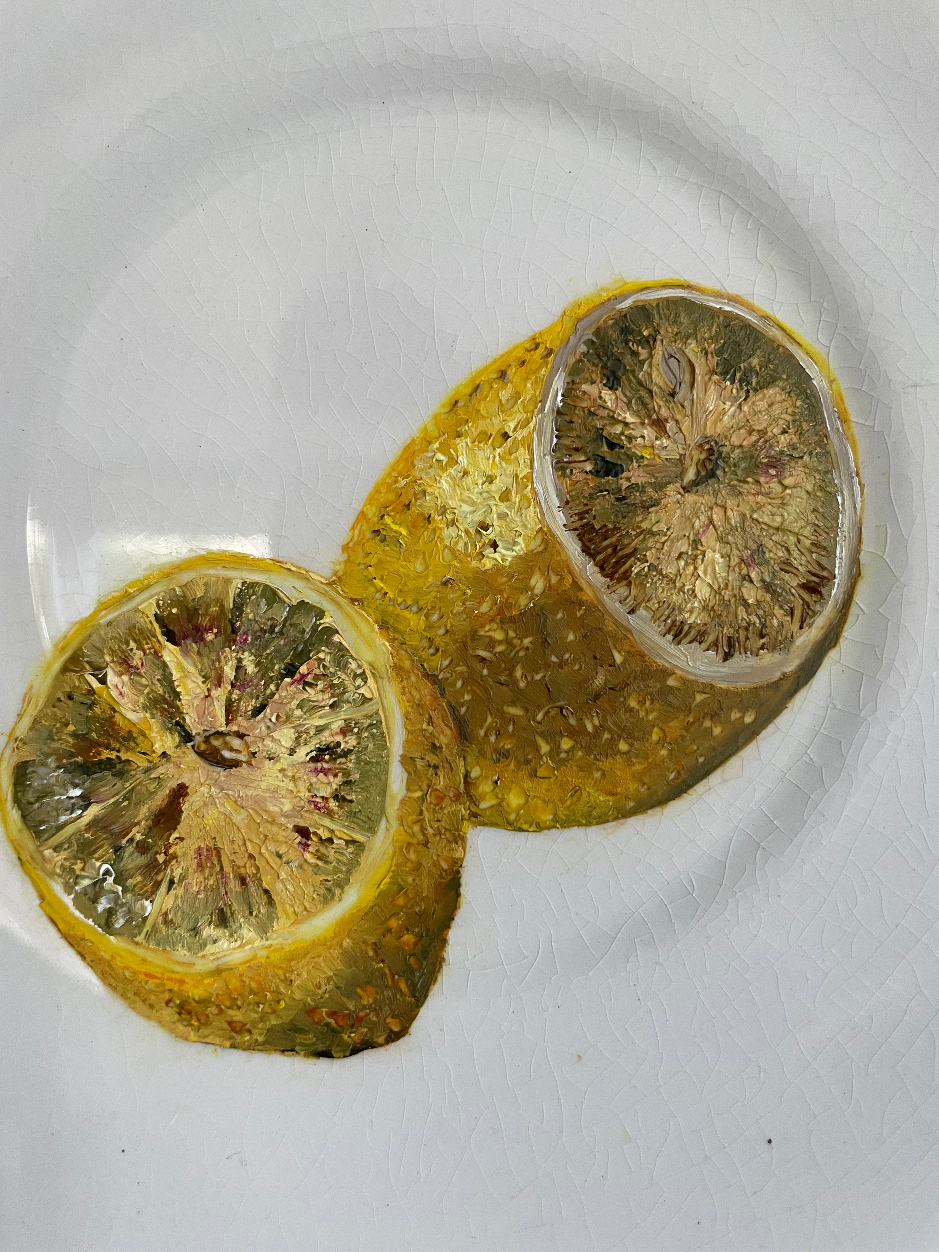 Plated: original fine art oil painting on an antique cake plate - cut lemons