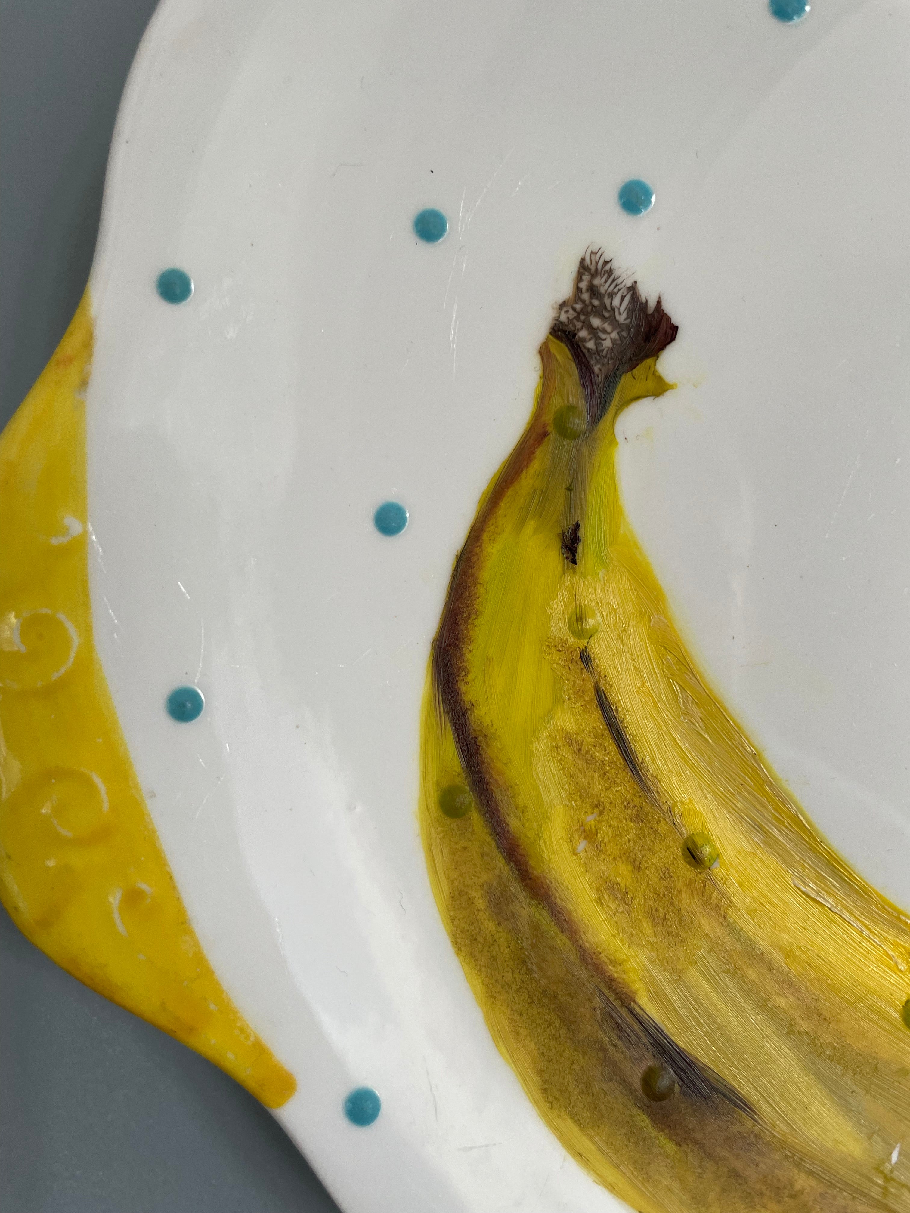 Plated: original fine art oil painting on a vintage cake plate - two bananas