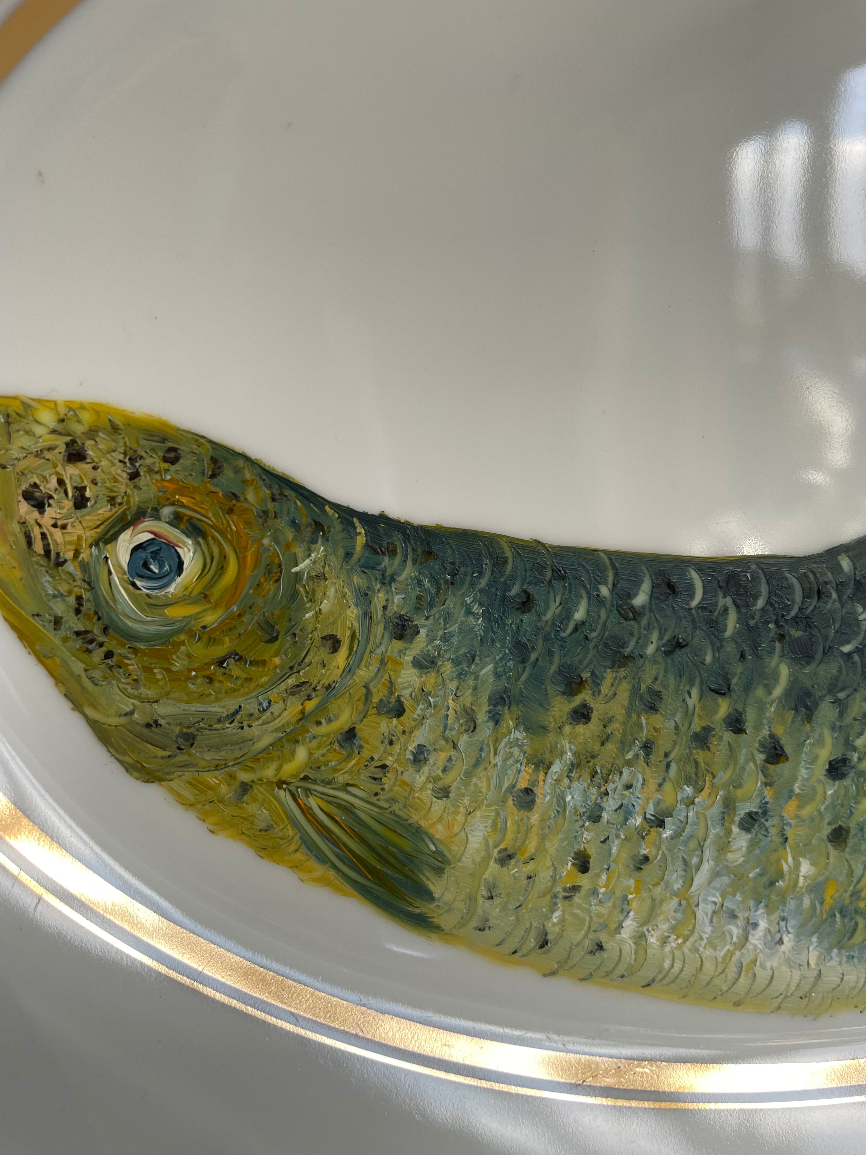 Plated: original fine art oil painting on a vintage platter - swimming rainbow trout