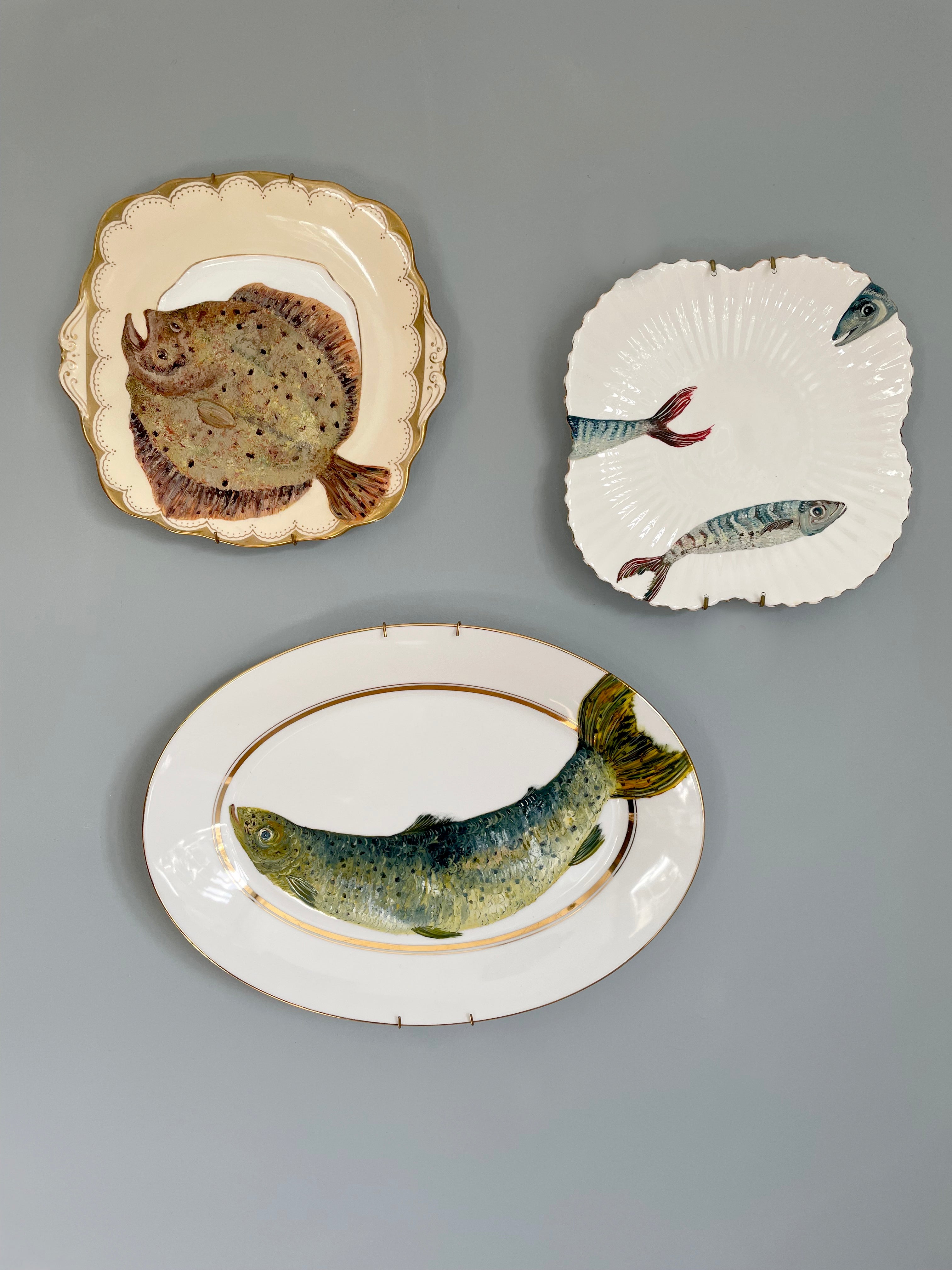 Plated: original fine art oil painting on a vintage platter - swimming rainbow trout