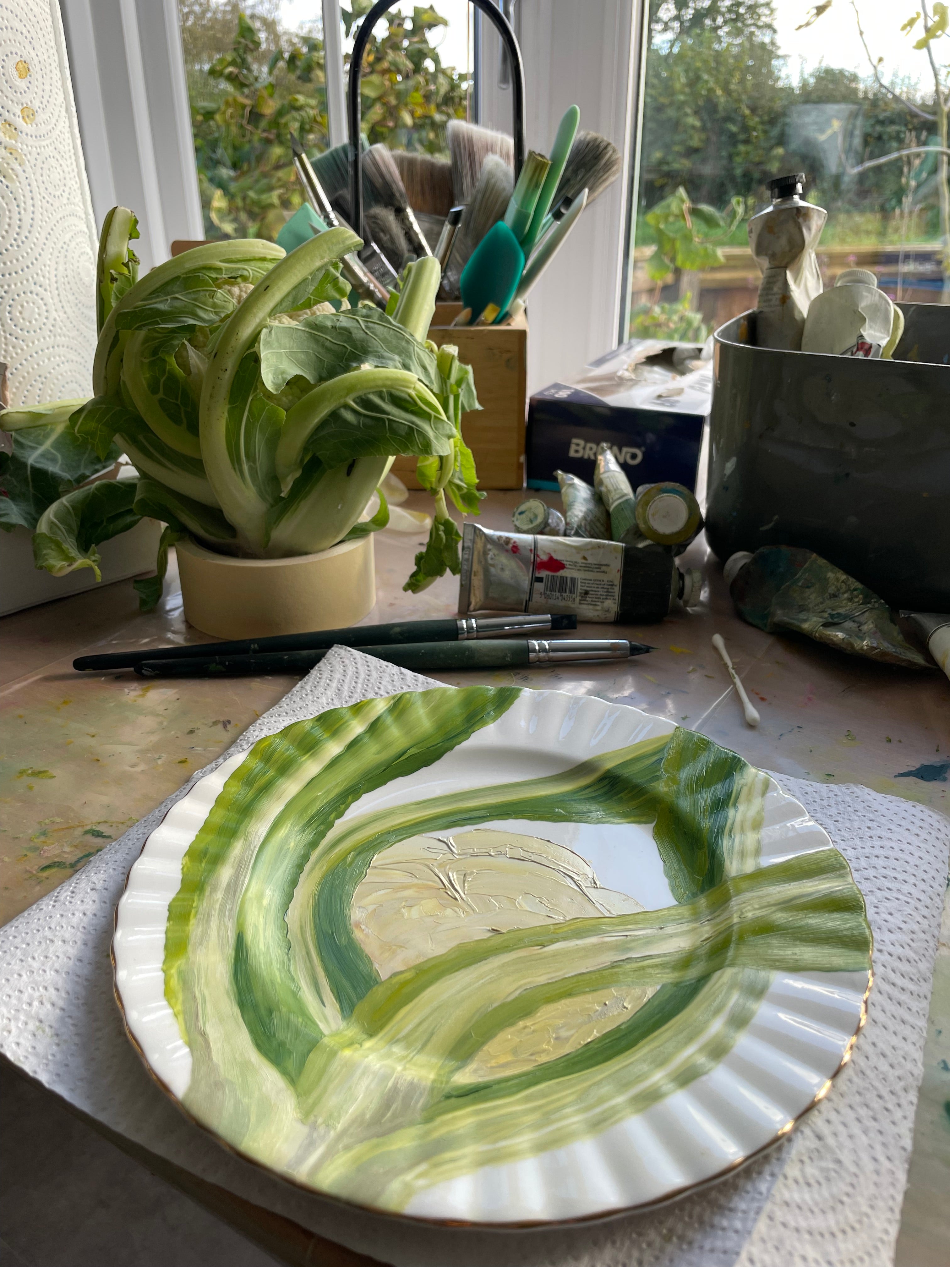 Original oil painting on a vintage plate - cauliflower