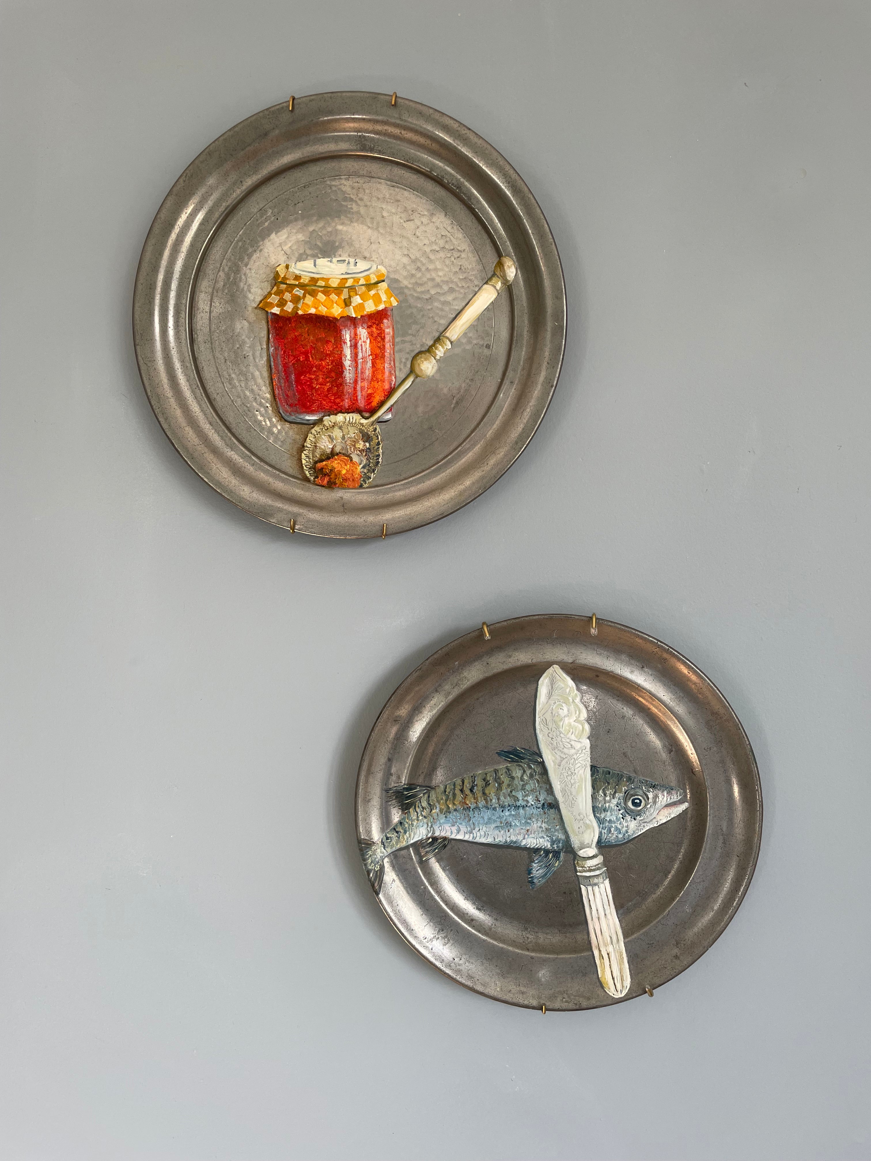 Plated: original fine art oil painting on an antique pewter plate - antique jam spoon & a jar of marmalade